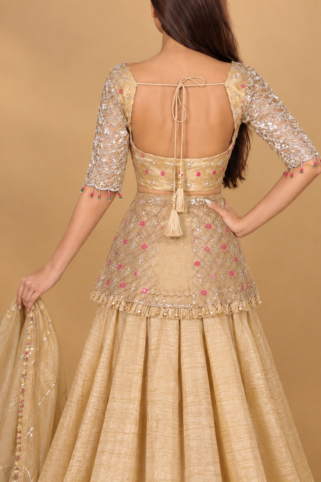Gold Lehenga with Peplum Top & Dupatta
