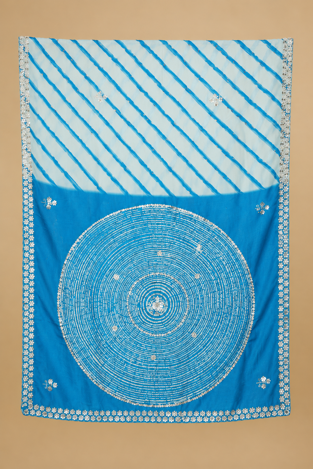 Blue and Ivory Leheriya Russian Silk Saree