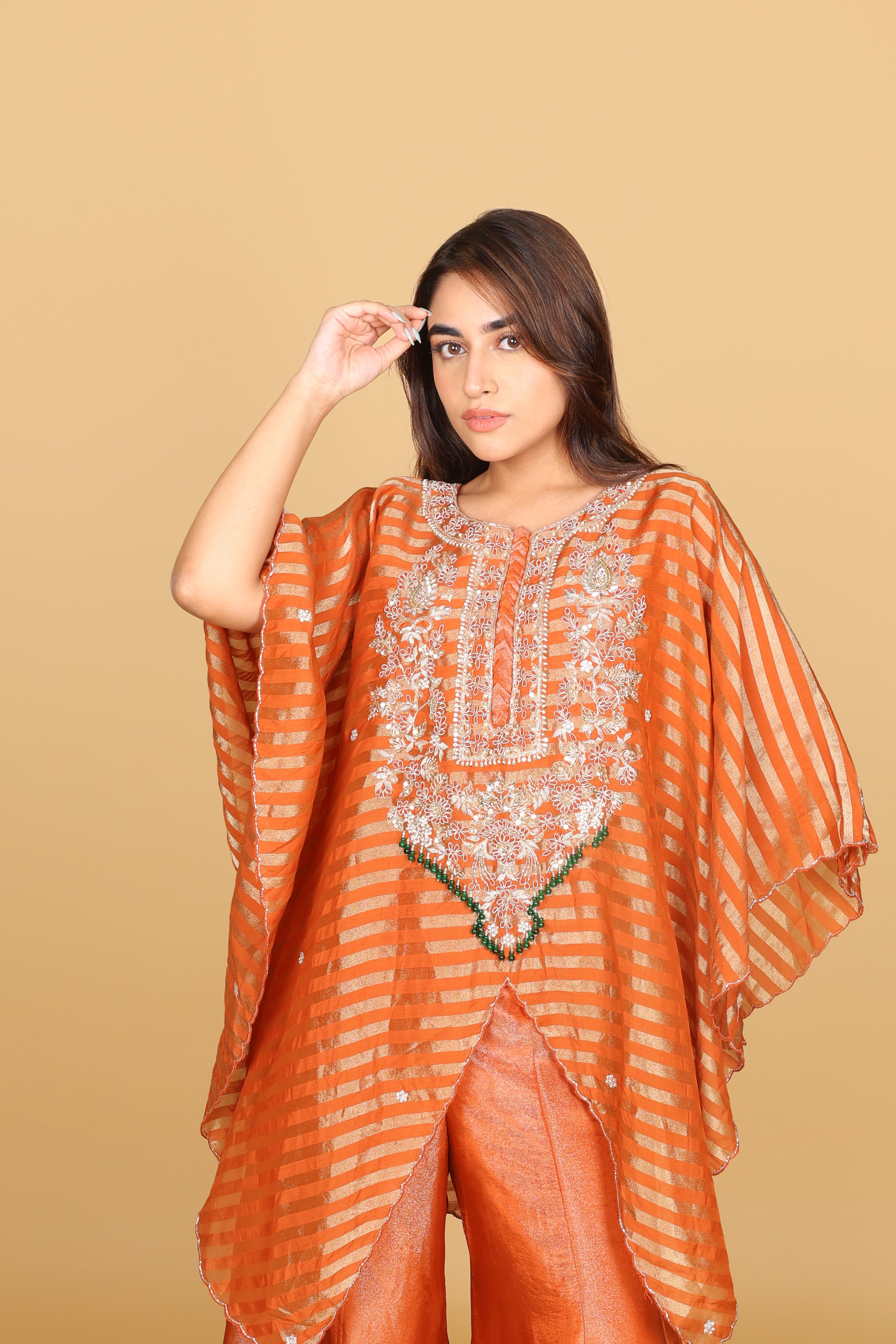 Rust Banarasi Kaftan with Tissue Palazzo