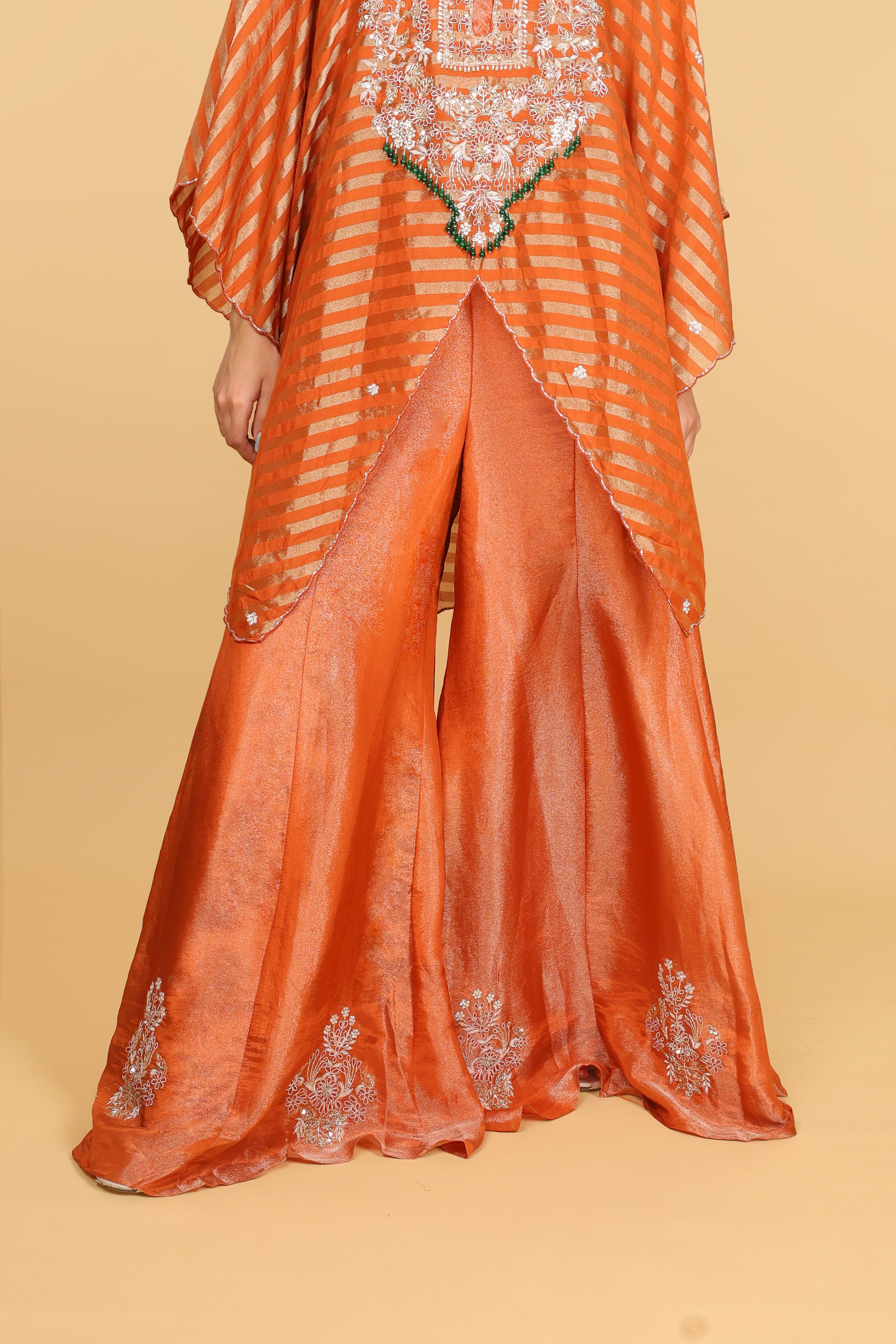 Rust Banarasi Kaftan with Tissue Palazzo