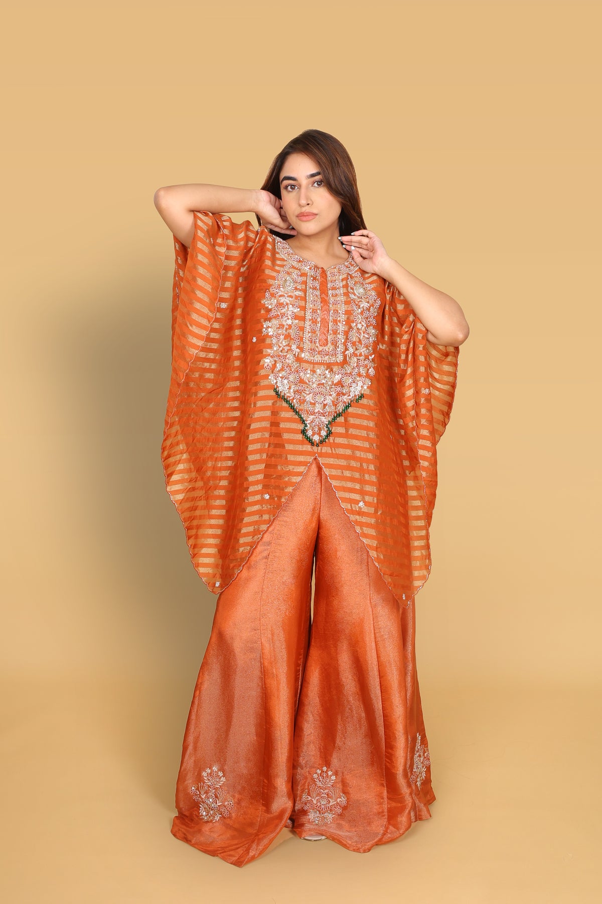 Rust Banarasi Kaftan with Tissue Palazzo