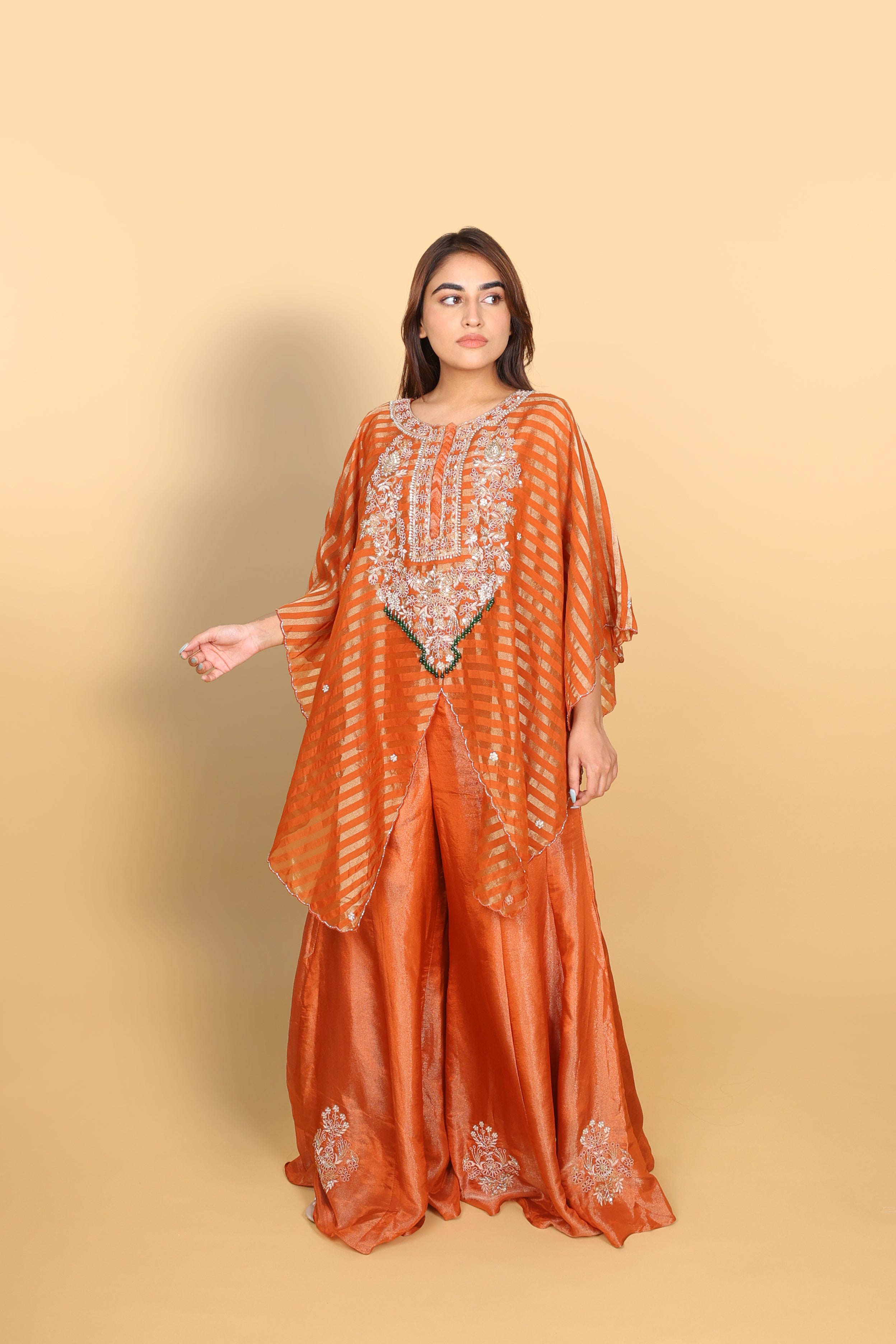 Rust Banarasi Kaftan with Tissue Palazzo