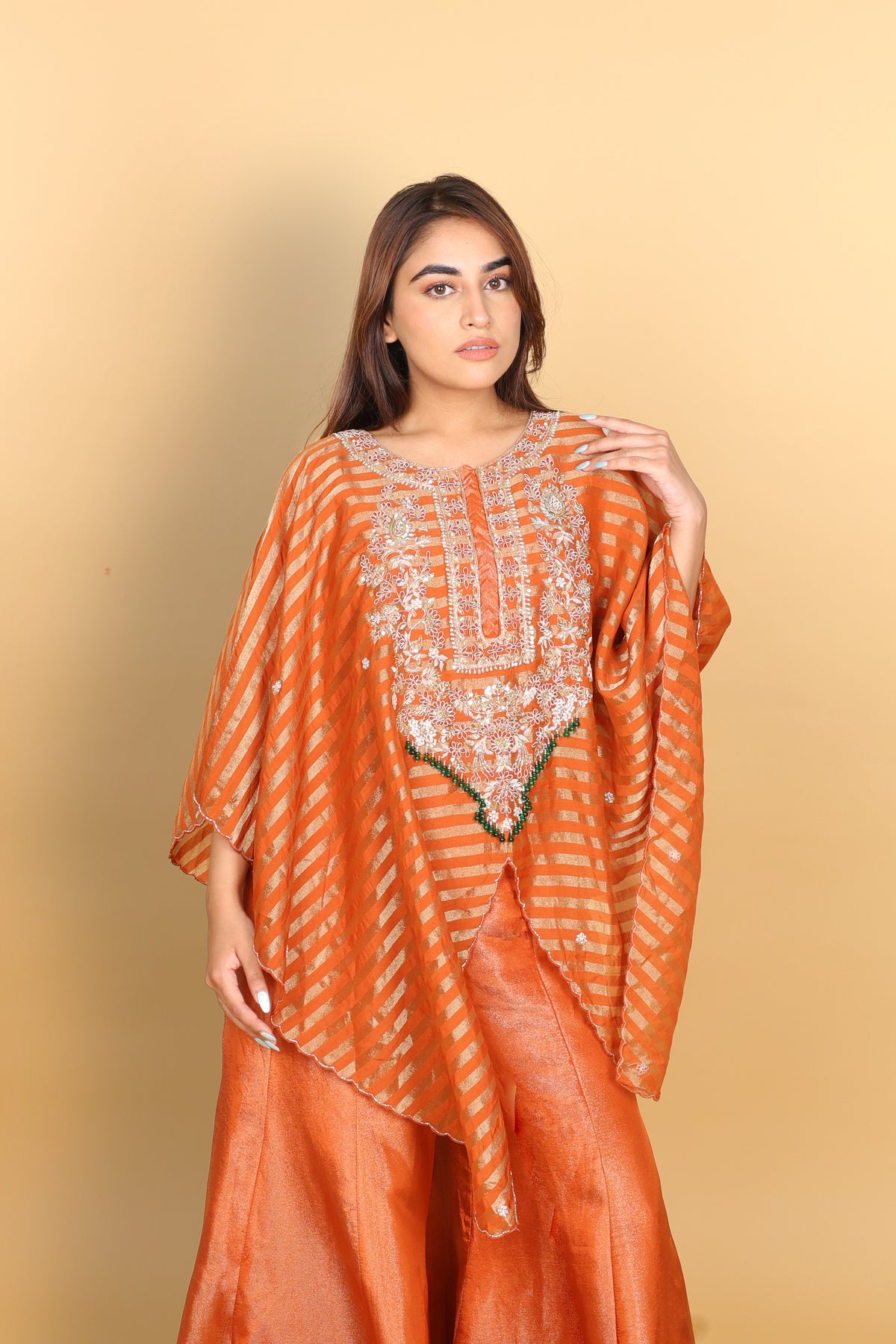 Rust Banarasi Kaftan with Tissue Palazzo
