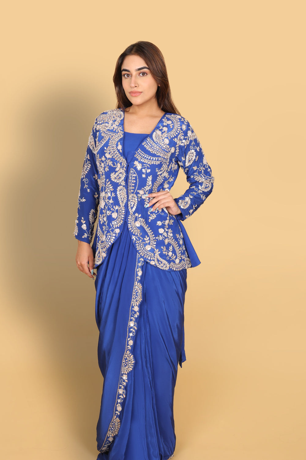 Electric Blue Top & Bustier with Drape Saree