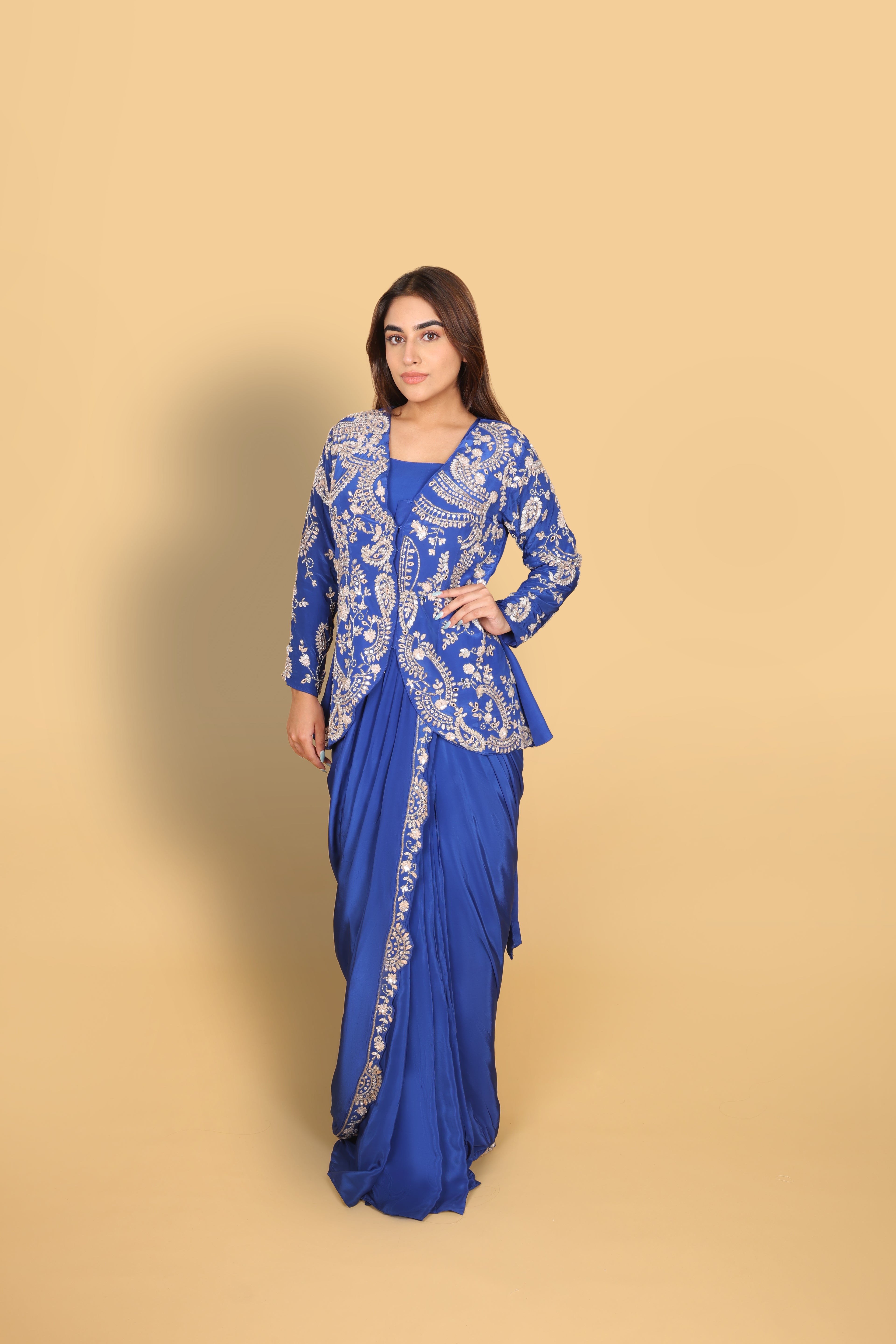 Electric Blue Top & Bustier with Drape Saree