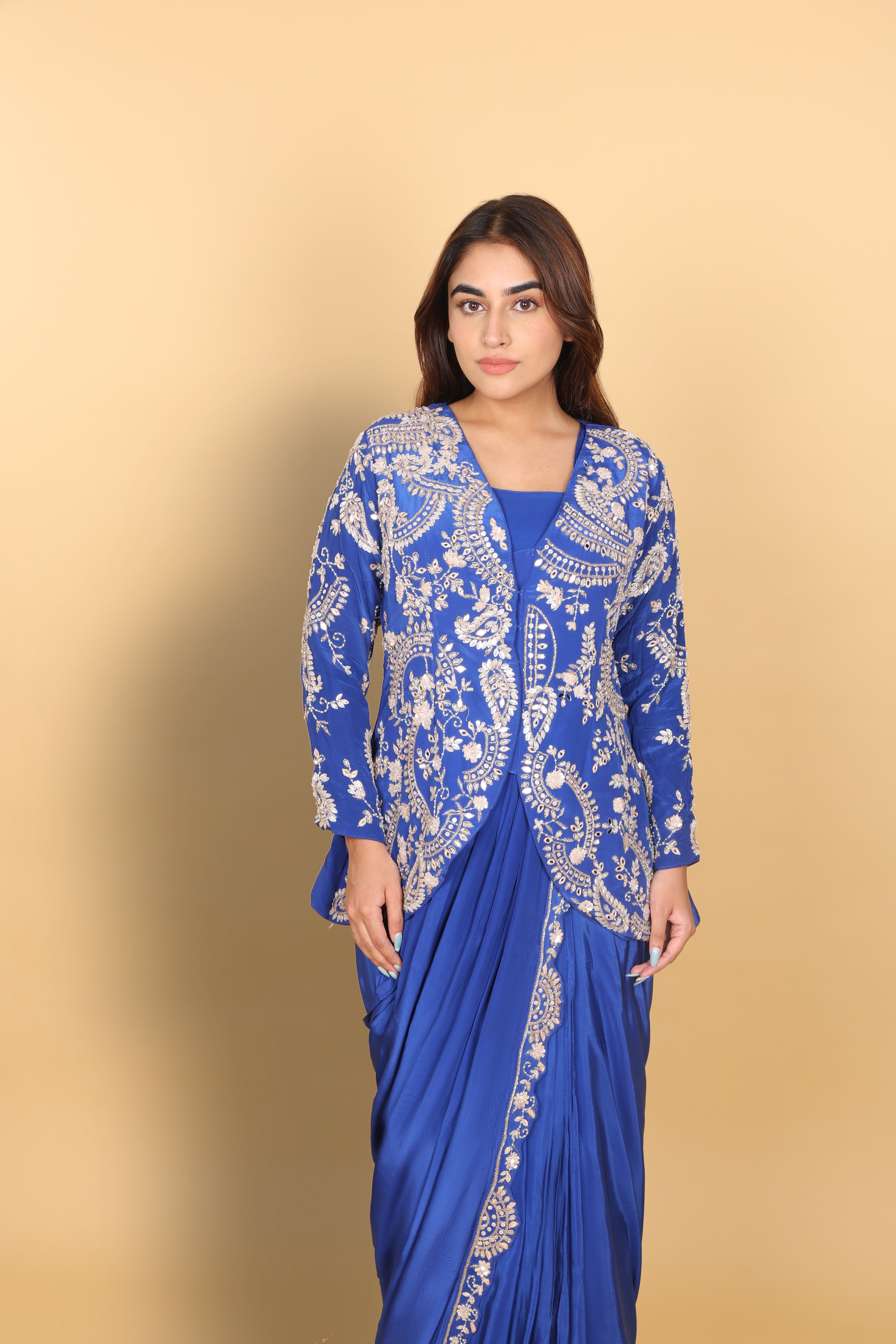 Electric Blue Top & Bustier with Drape Saree