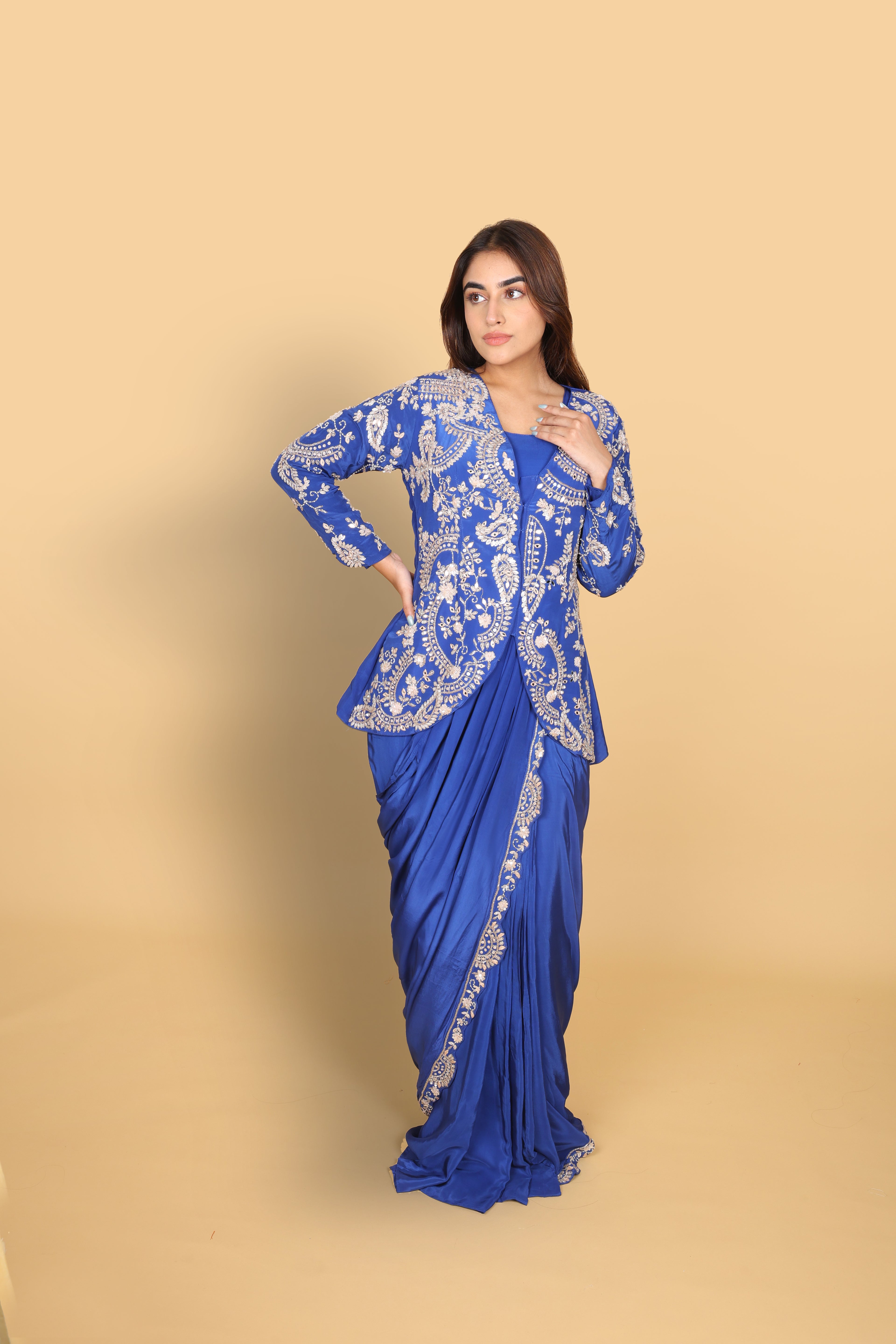 Electric Blue Top & Bustier with Drape Saree