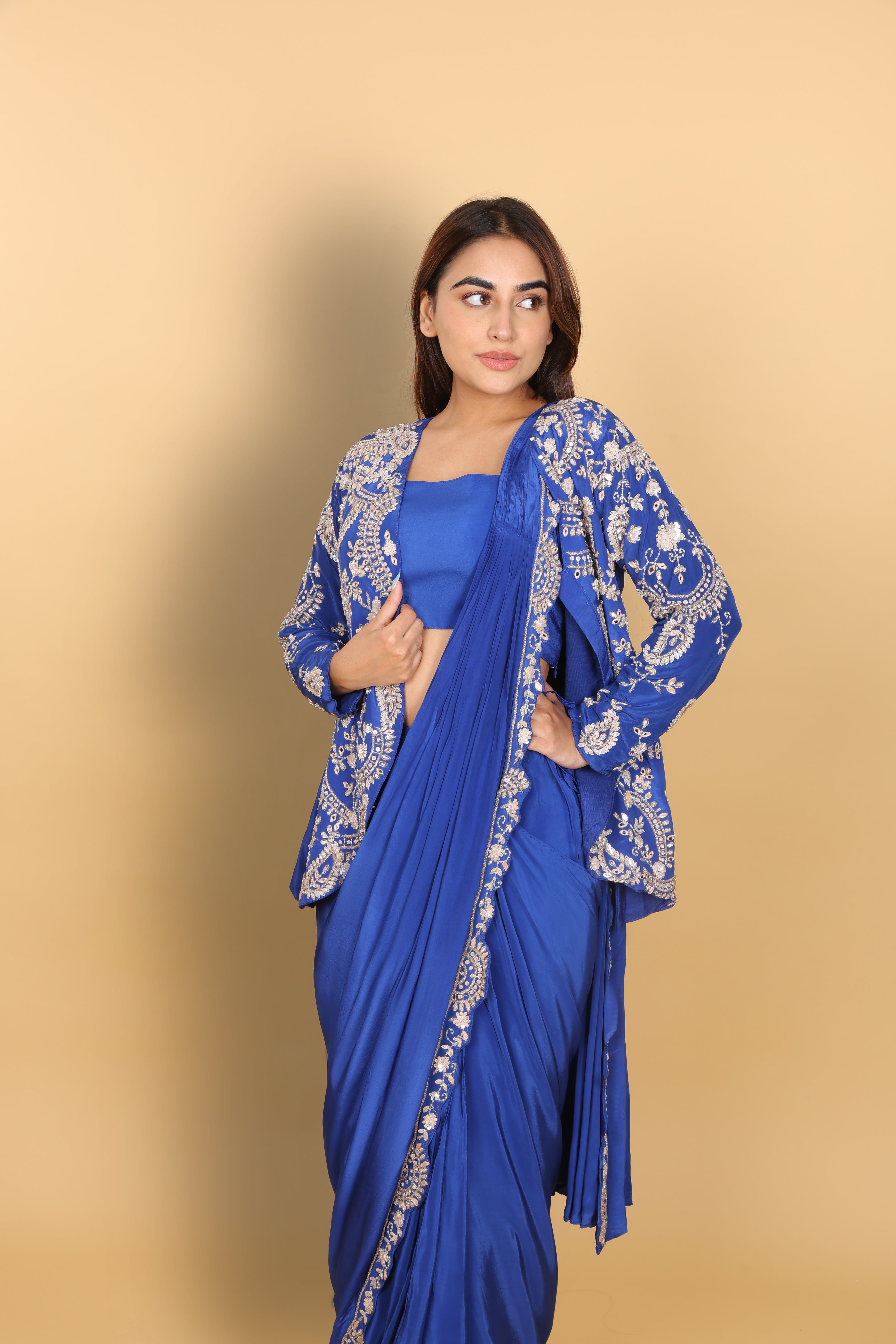 Electric Blue Top & Bustier with Drape Saree