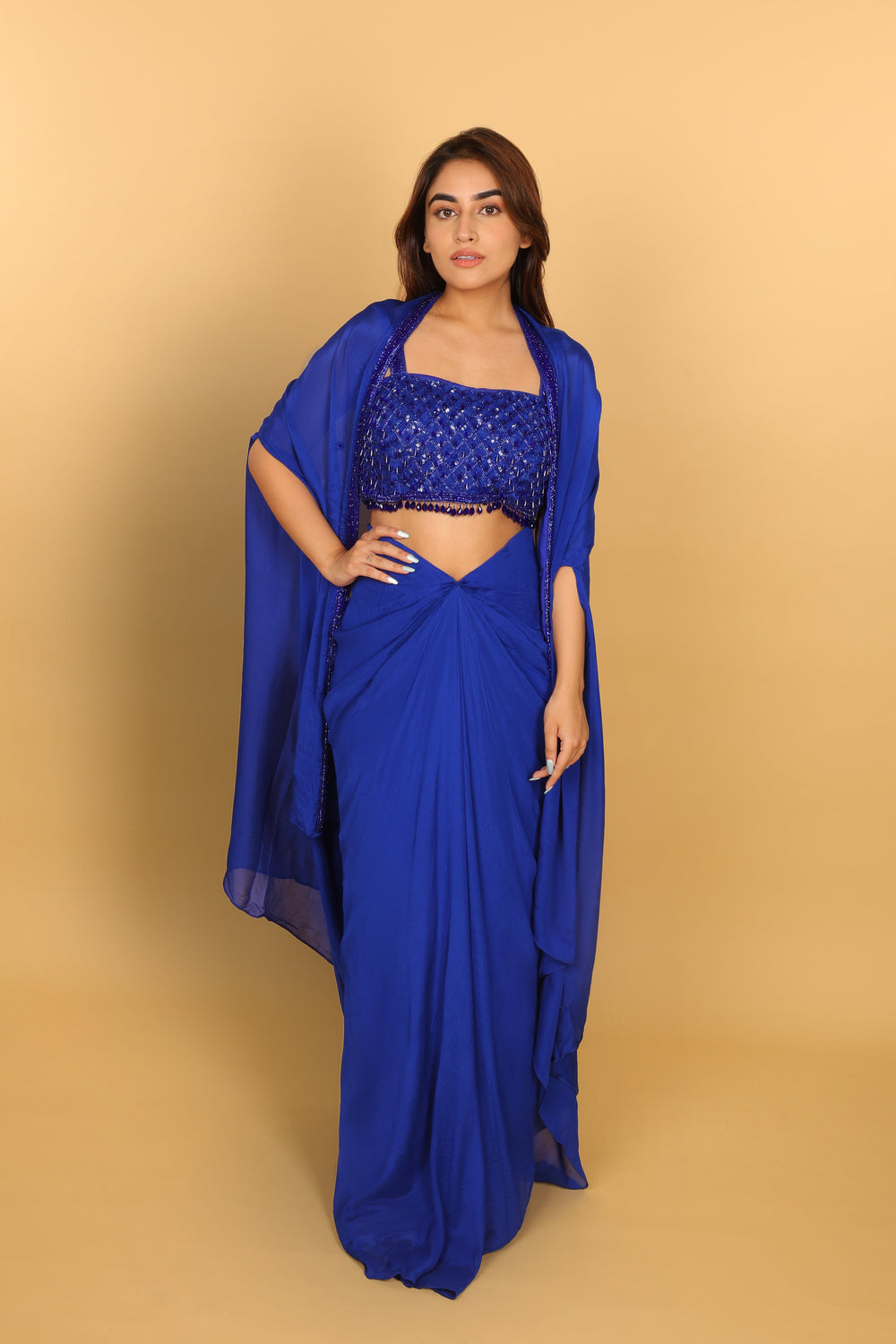 Electric Blue Indo-Western Blouse Cape & Tulip Skirt