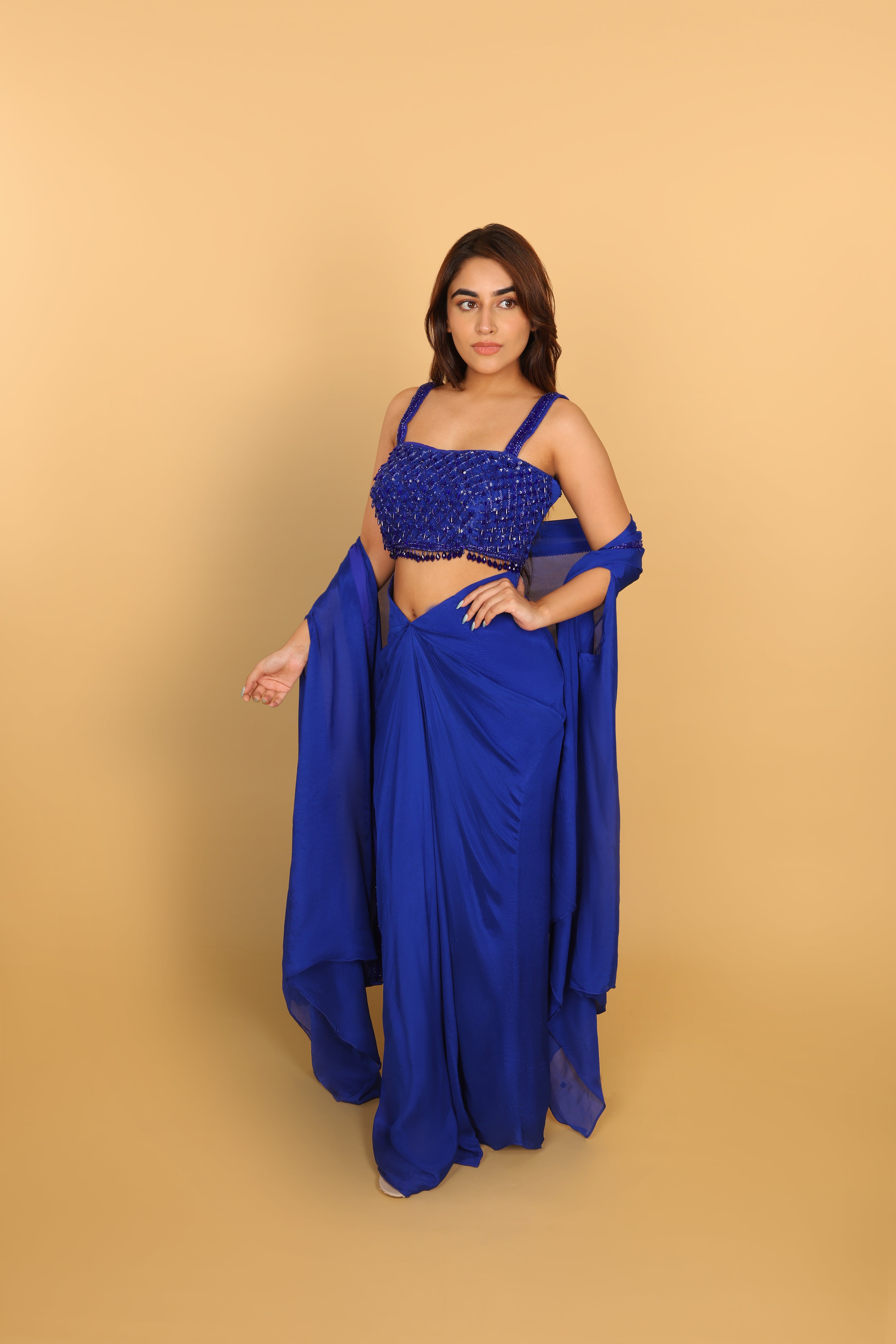 Electric Blue Indo-Western Blouse, Cape & Tulip Skirt