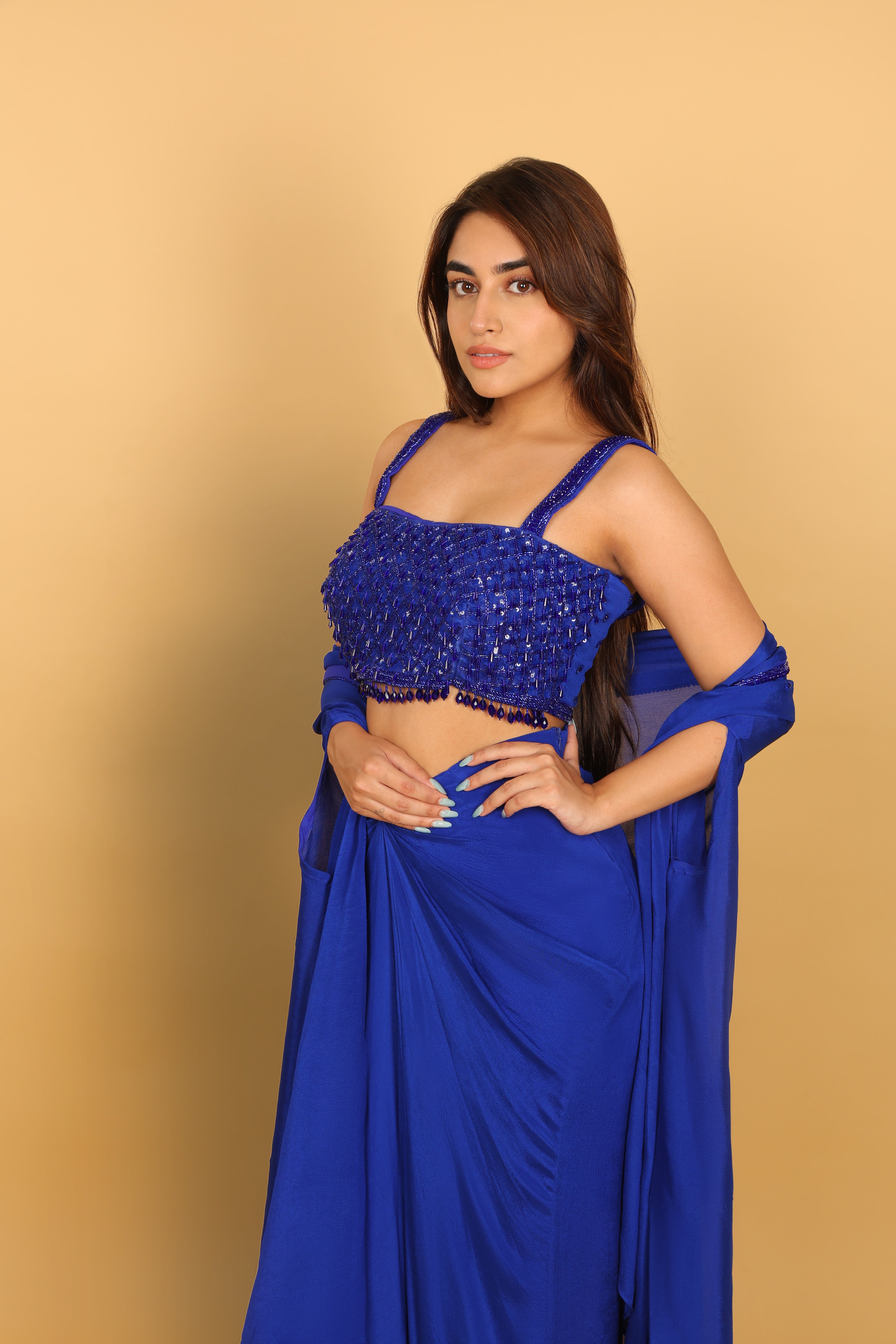 Electric Blue Indo-Western Blouse, Cape & Tulip Skirt