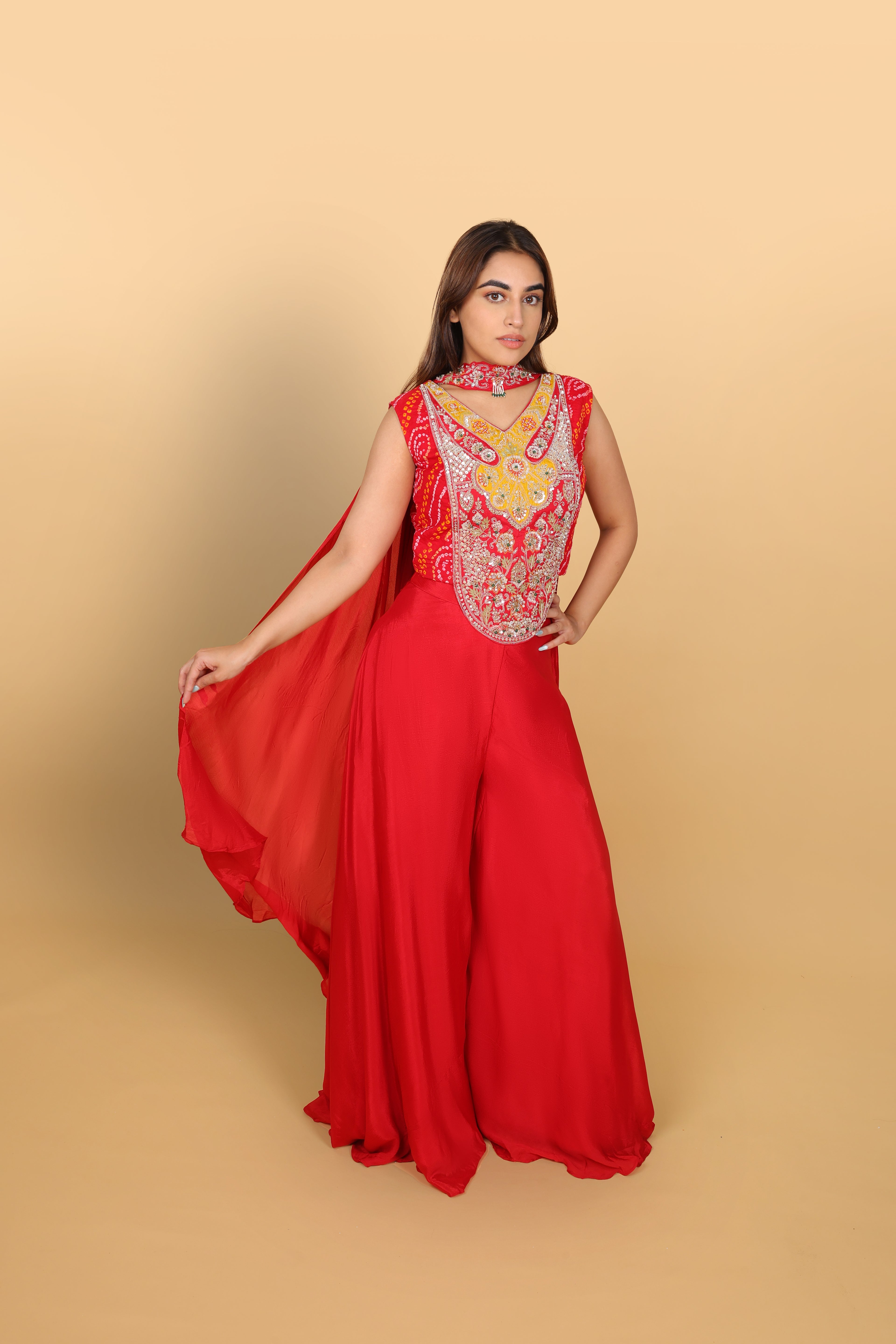 Red Bandhej Top with Palazzo