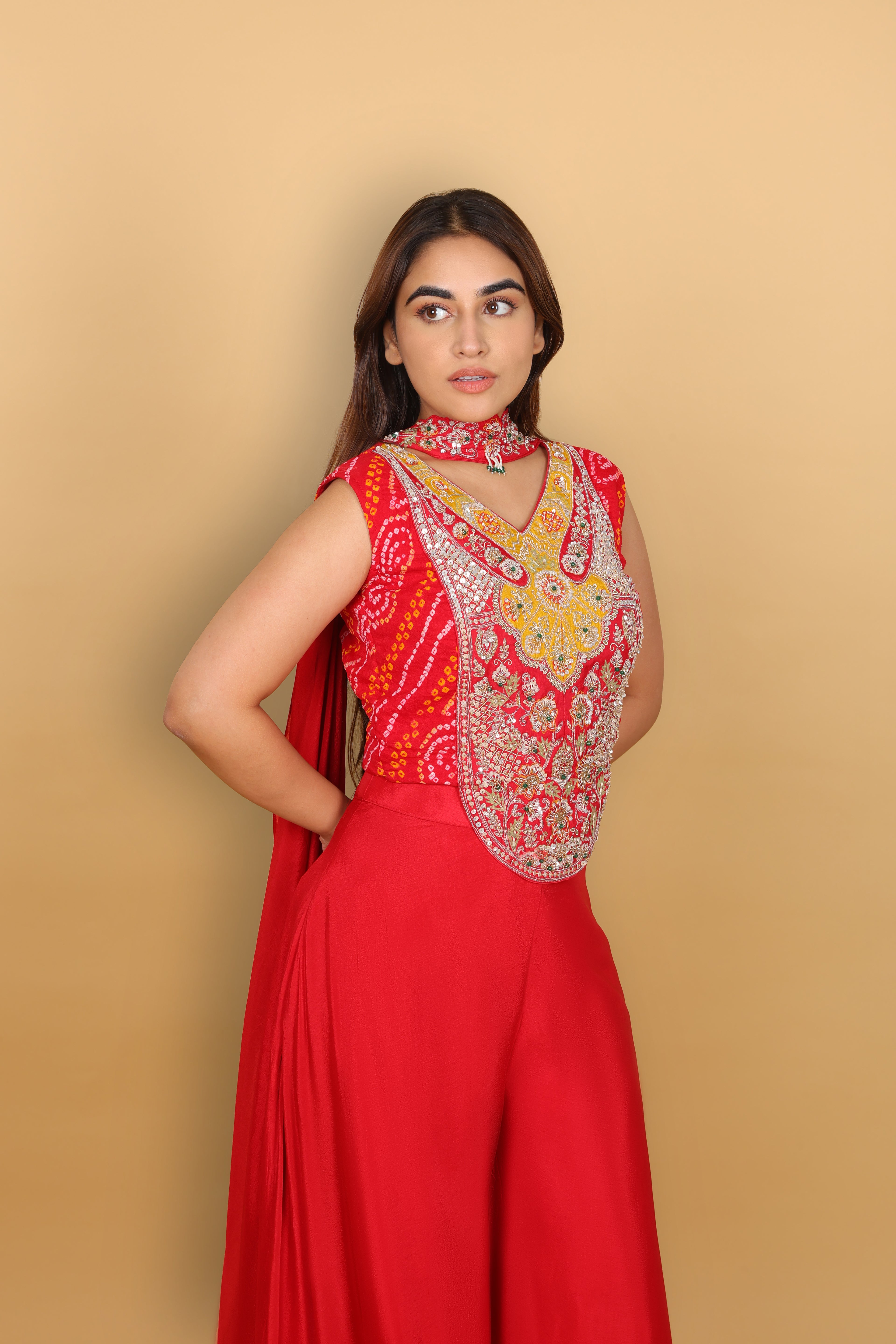 Red Bandhej Top with Palazzo