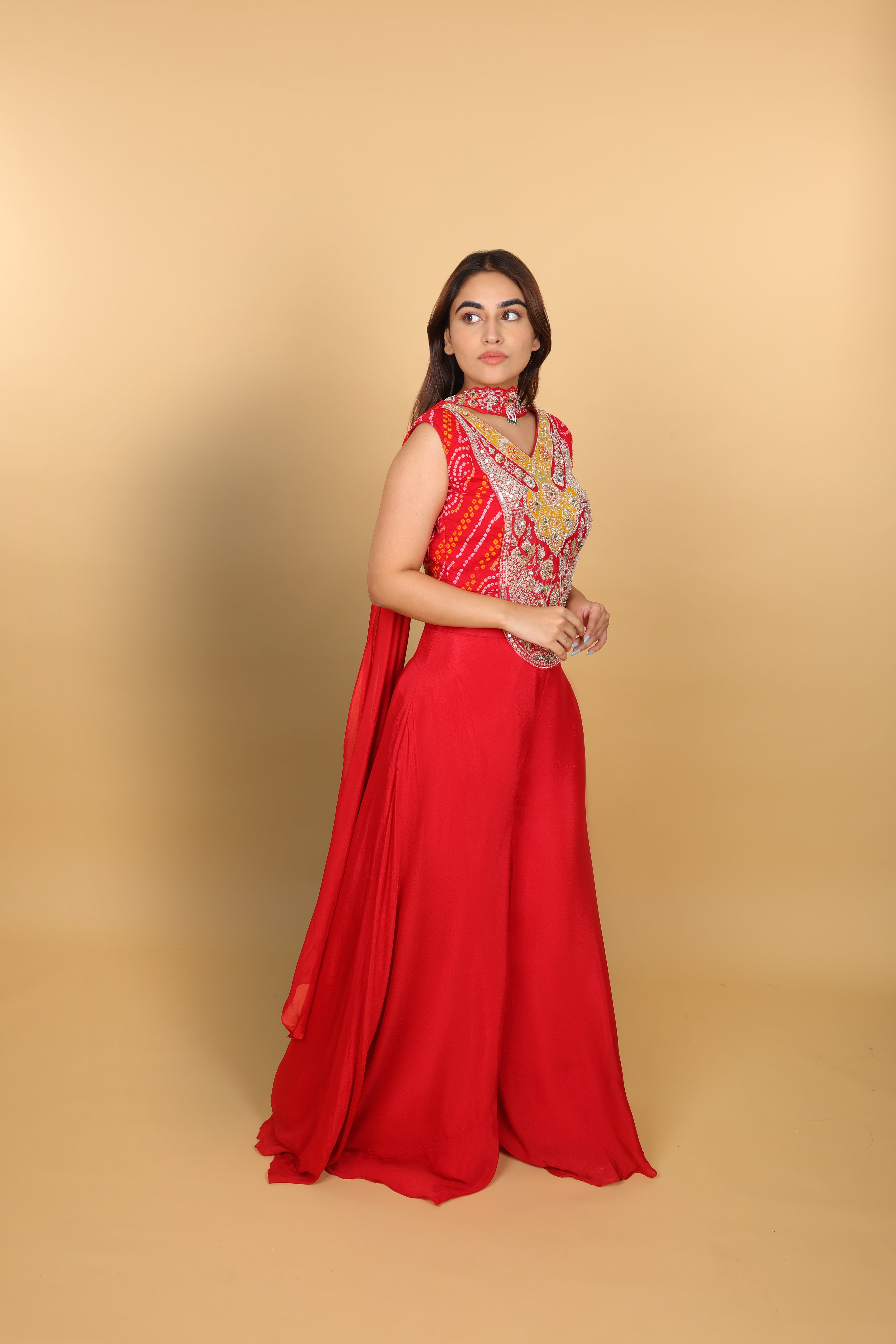 Red Bandhej Top with Palazzo