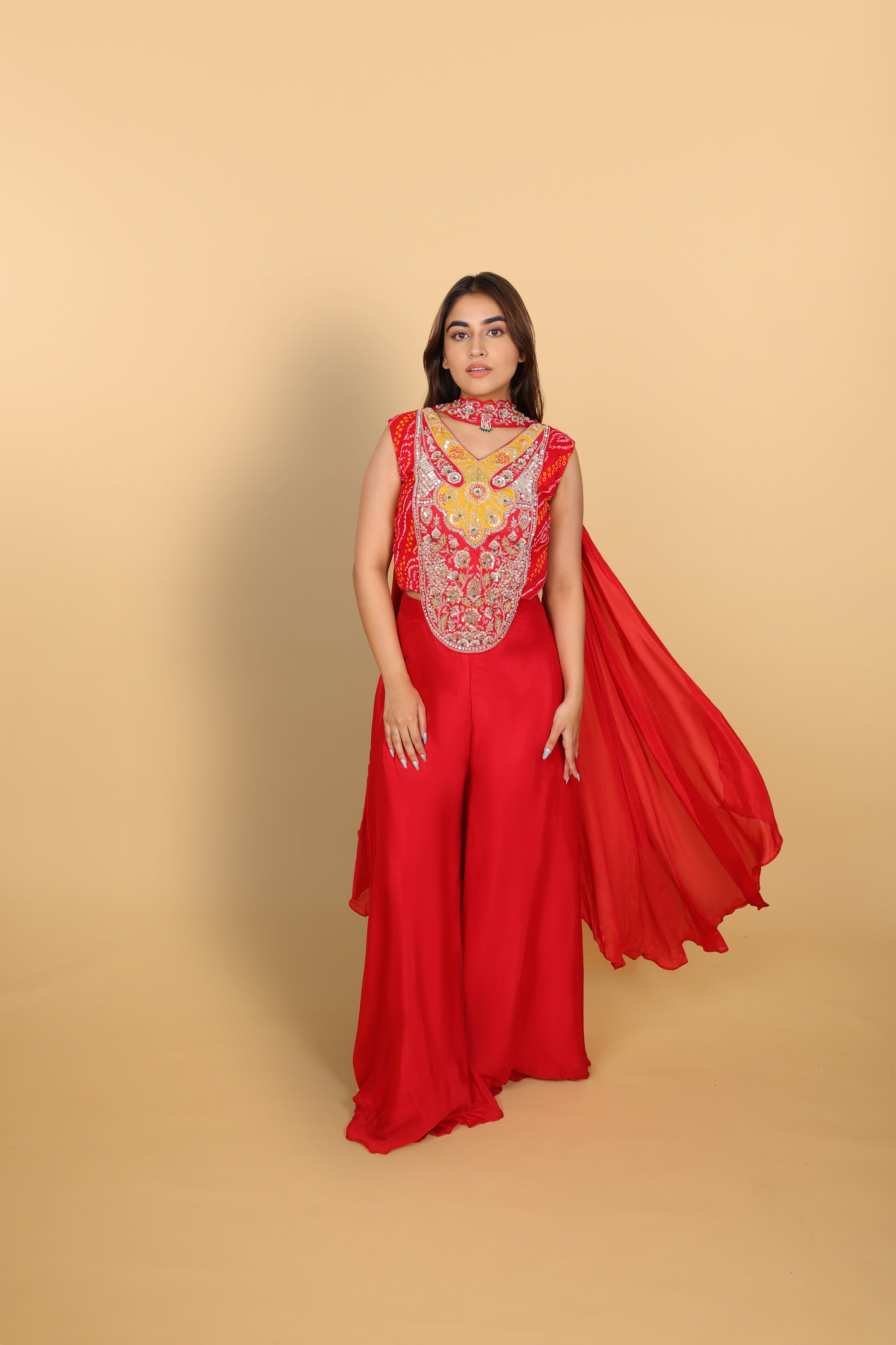 Red Bandhej Top with Palazzo