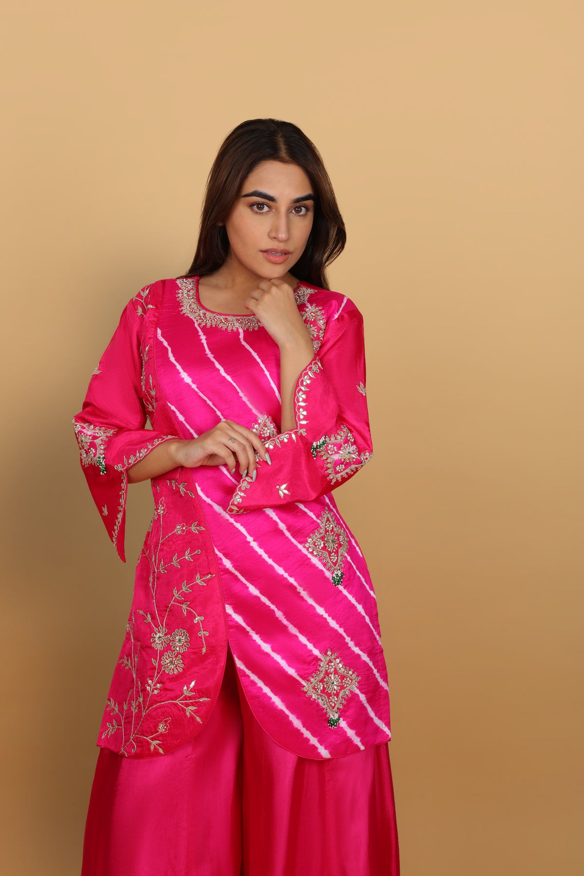 Rani Leheriya Short Kurti with Palazzo & Dupatta