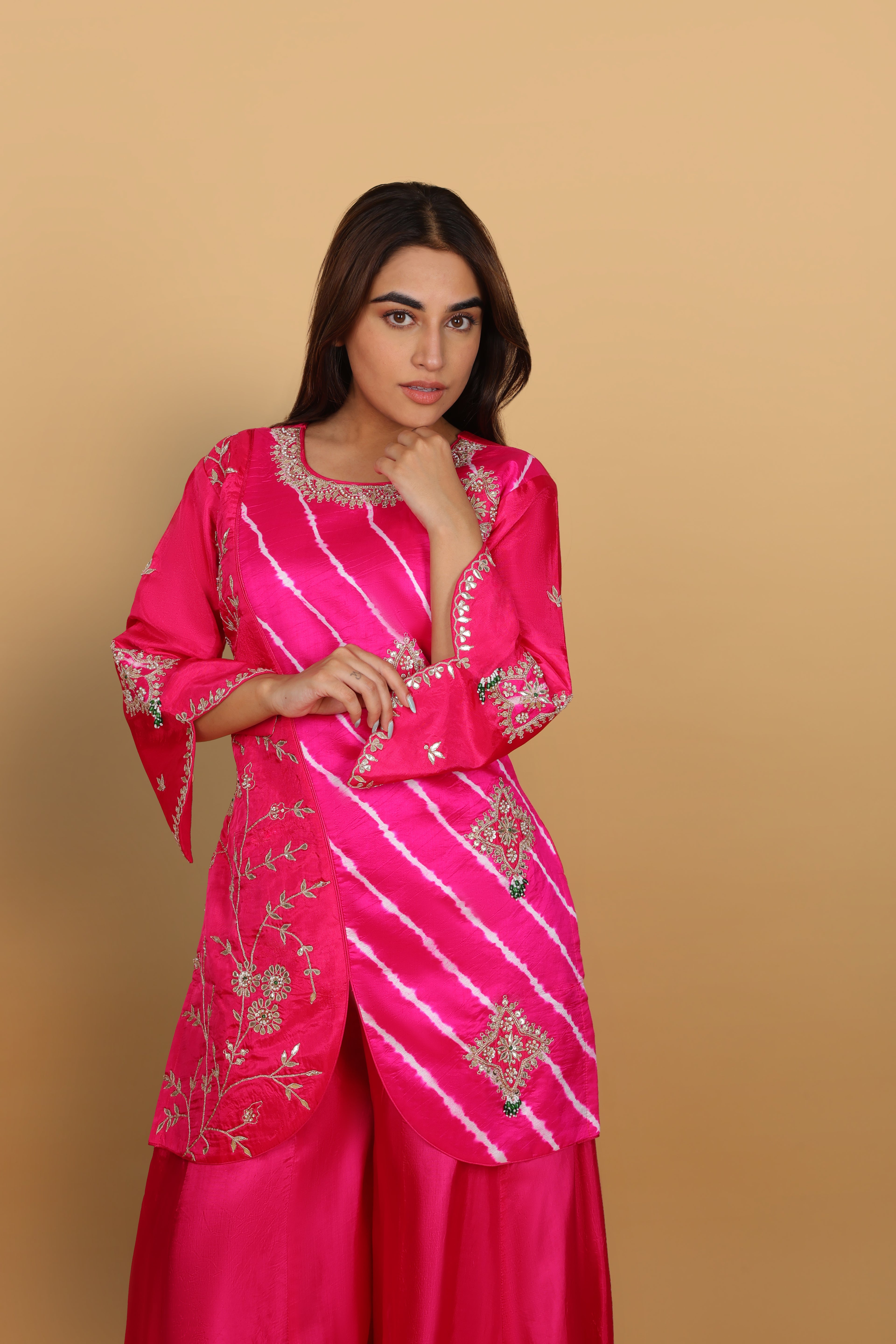 Rani Leheriya Short Kurti with Palazzo & Dupatta