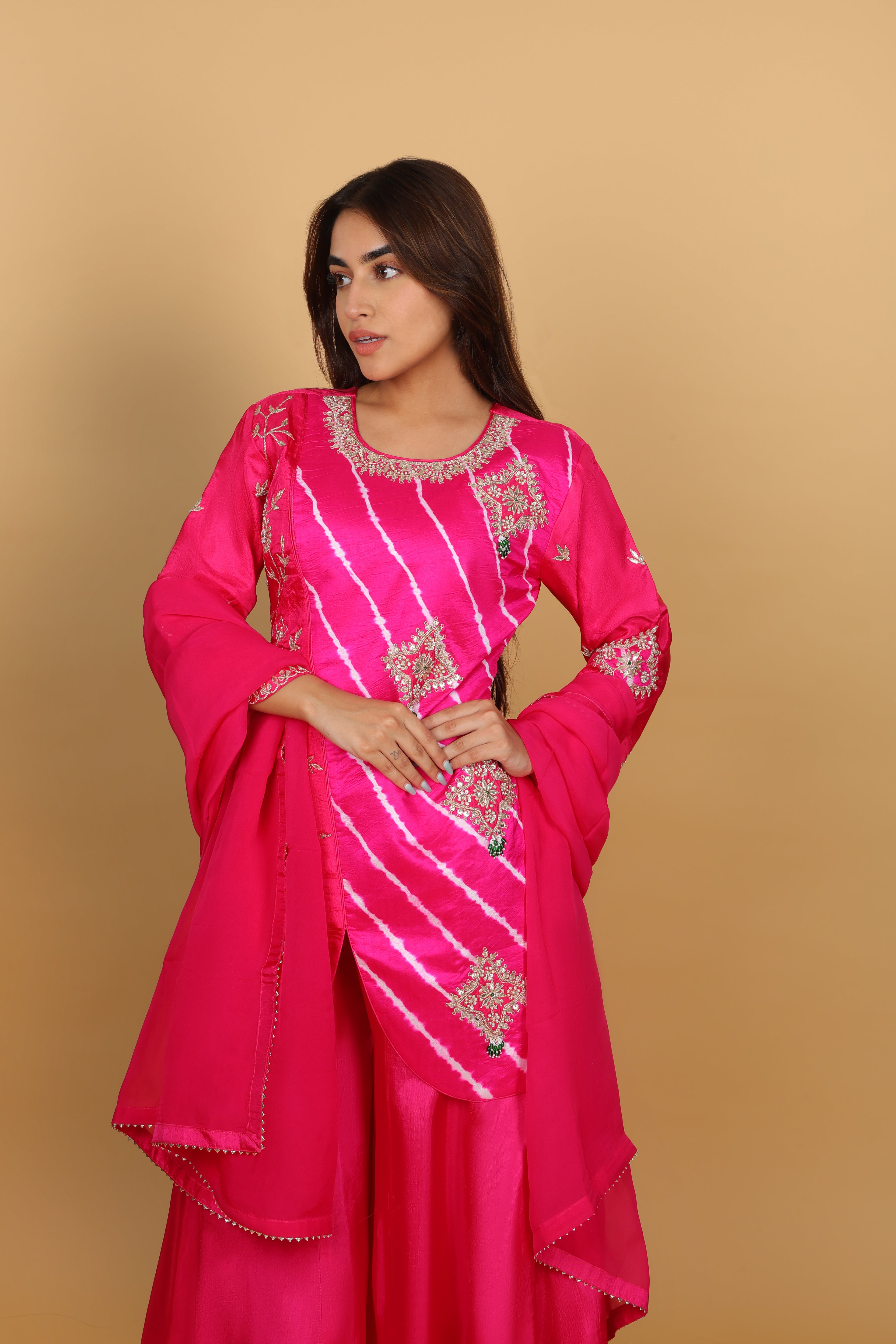 Rani Leheriya Short Kurti with Palazzo & Dupatta