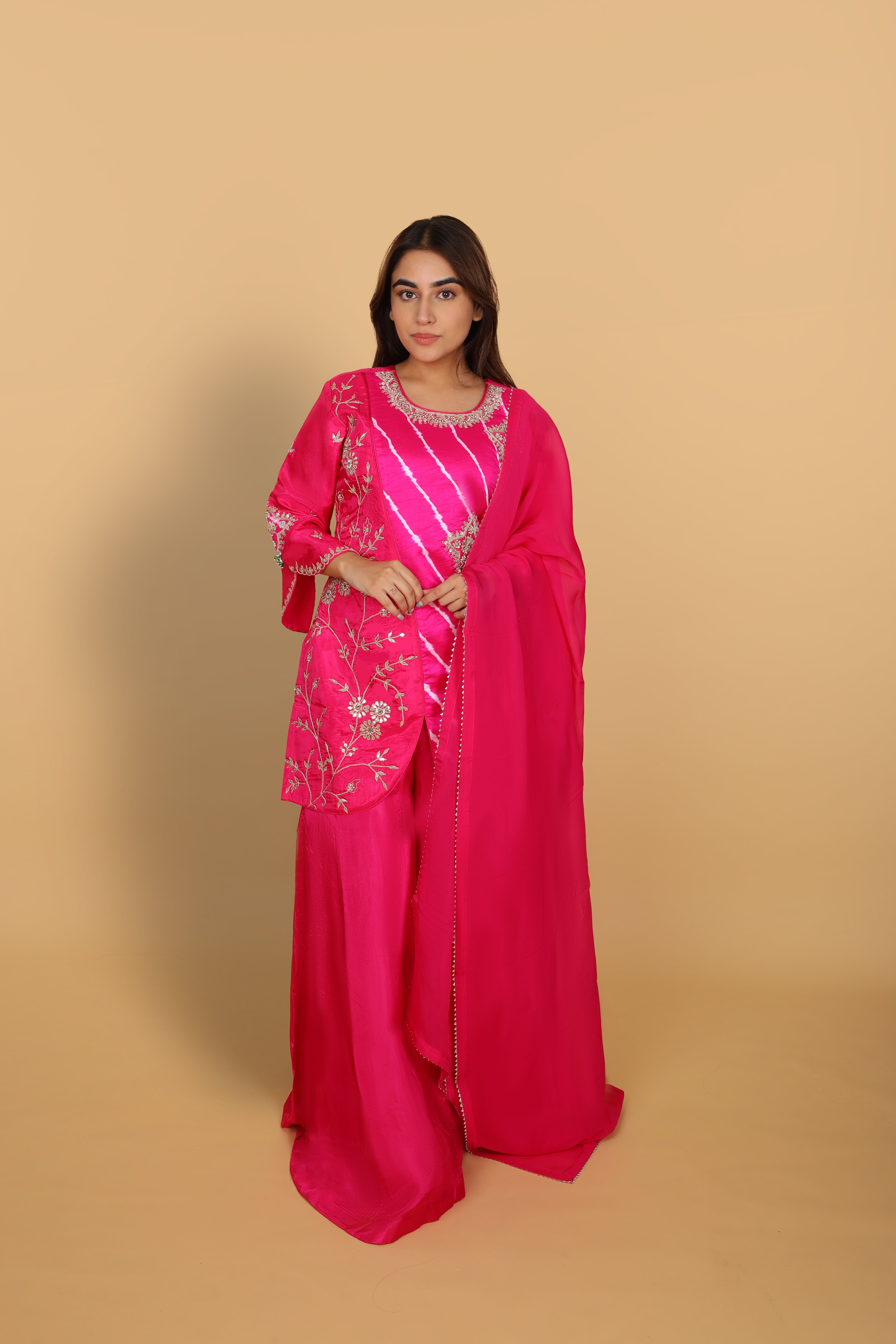 Rani Leheriya Short Kurti with Palazzo & Dupatta