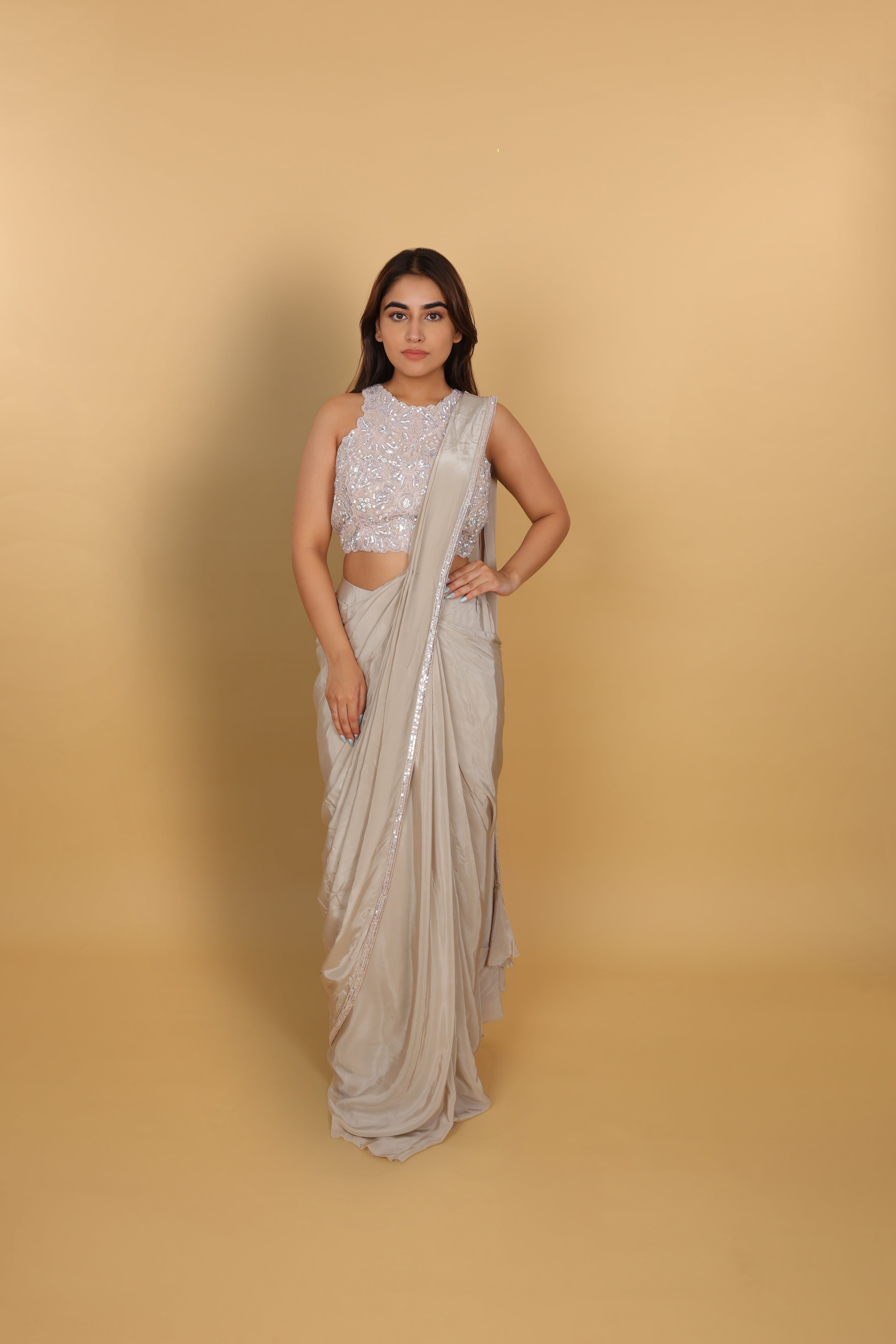 Moonlit Pearl Pre-Draped Saree with Embellished Open-Back Blouse