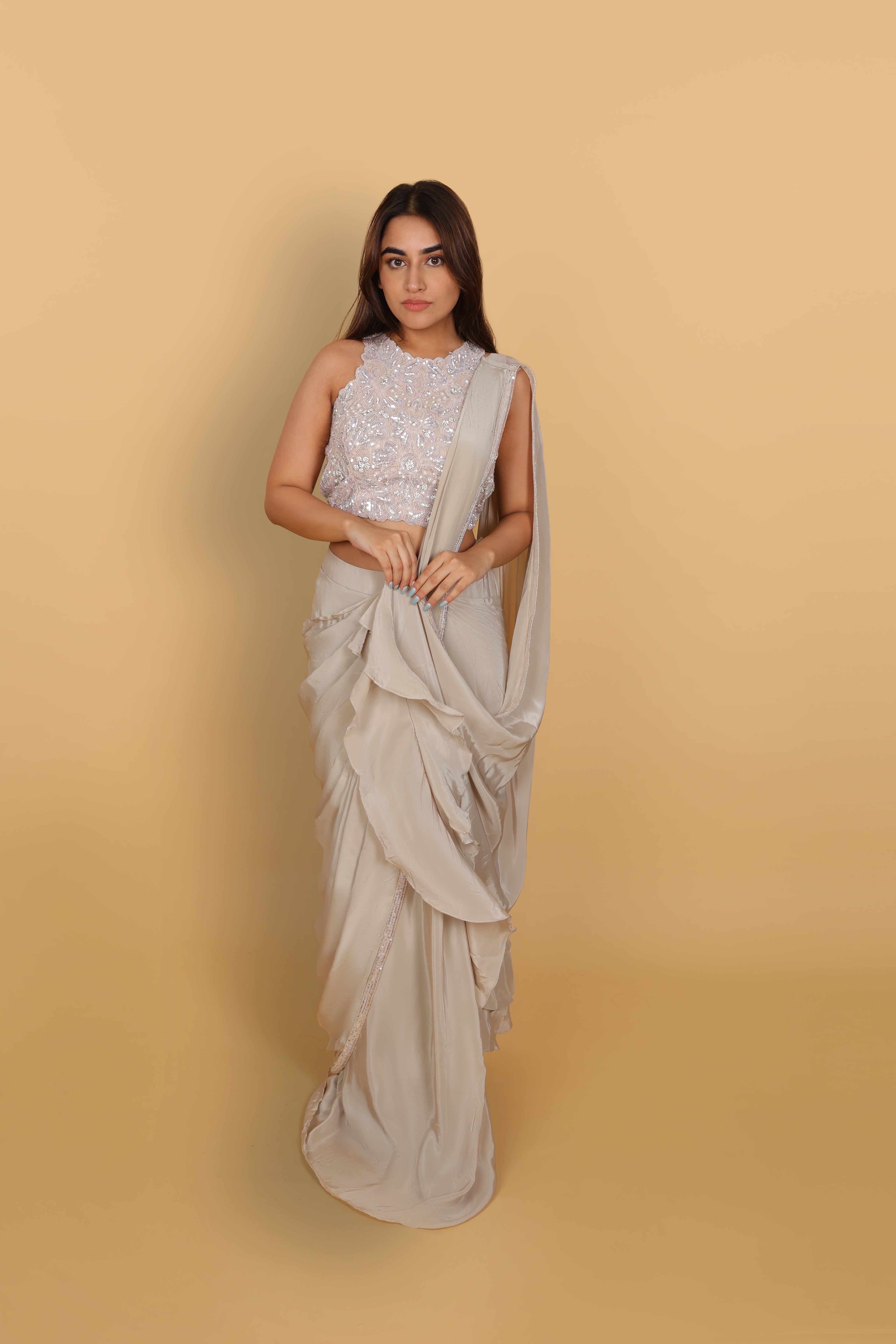 Moonlit Pearl Pre-Draped Saree with Embellished Open-Back Blouse