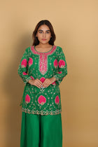 Green Short Kurti, Bustier & Palazzo Set with Rani Patch Work