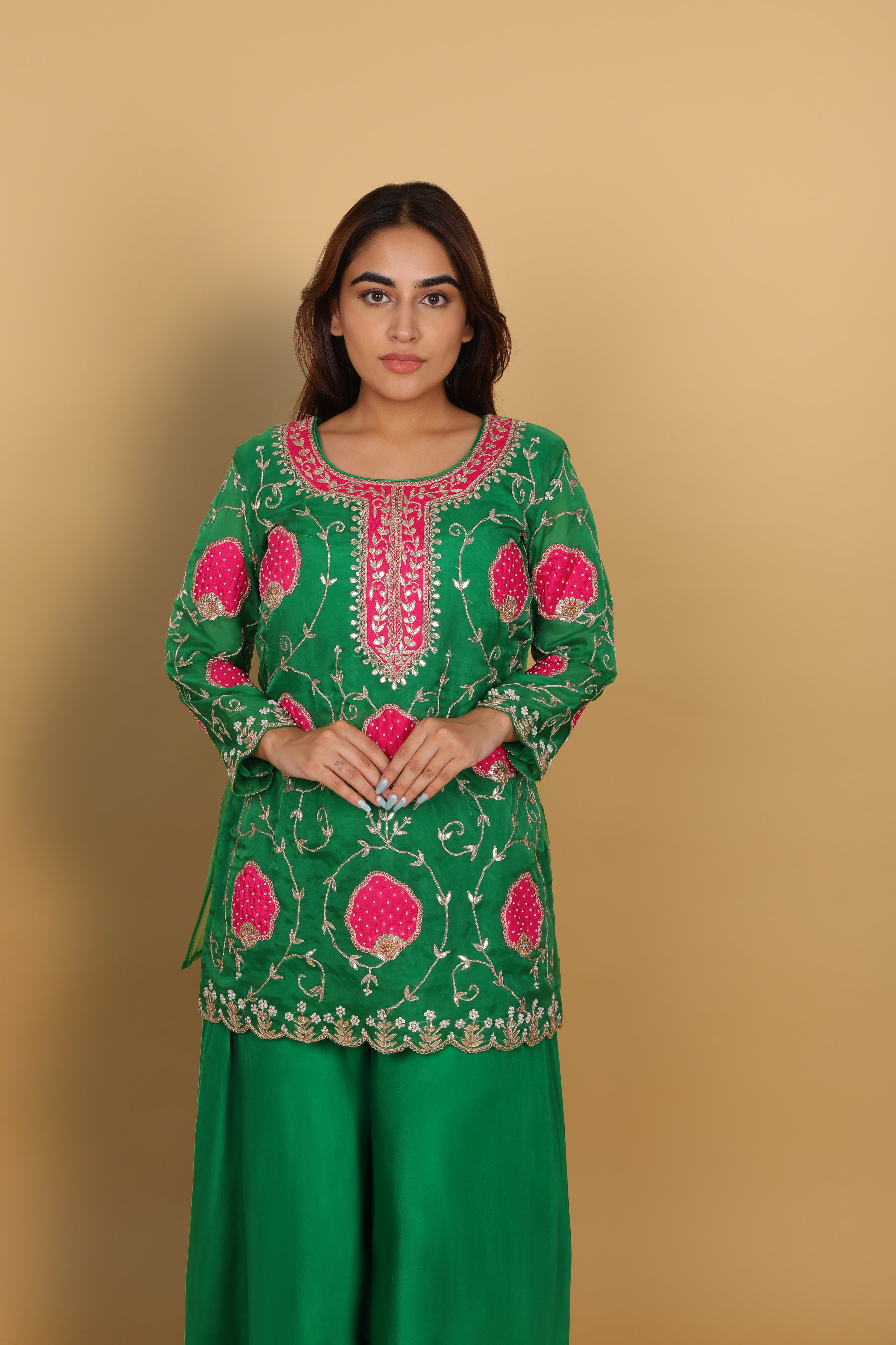 Green Short Kurti, Bustier & Palazzo Set with Rani Patch Work