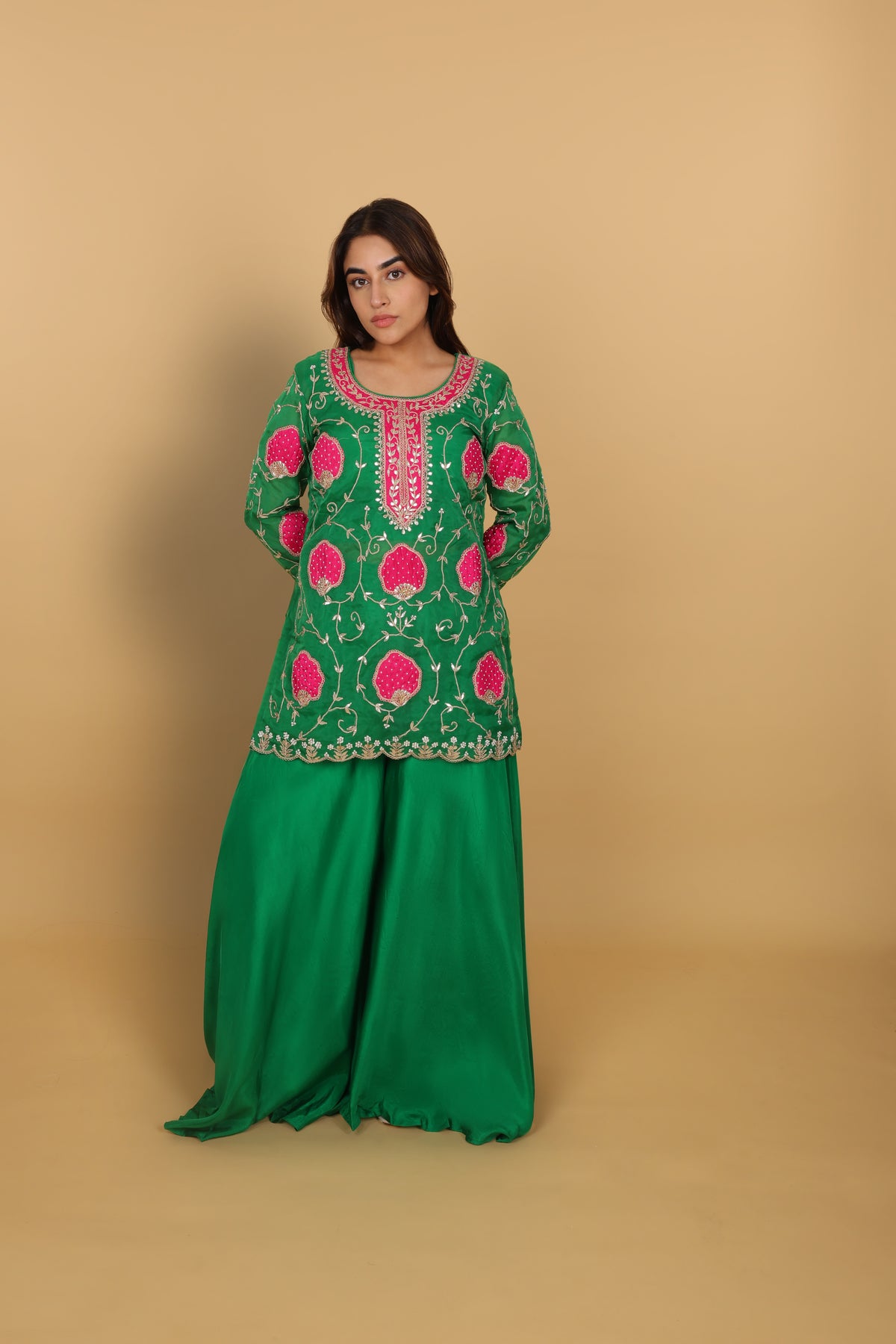 Green Short Kurti, Bustier & Palazzo Set with Rani Patch Work