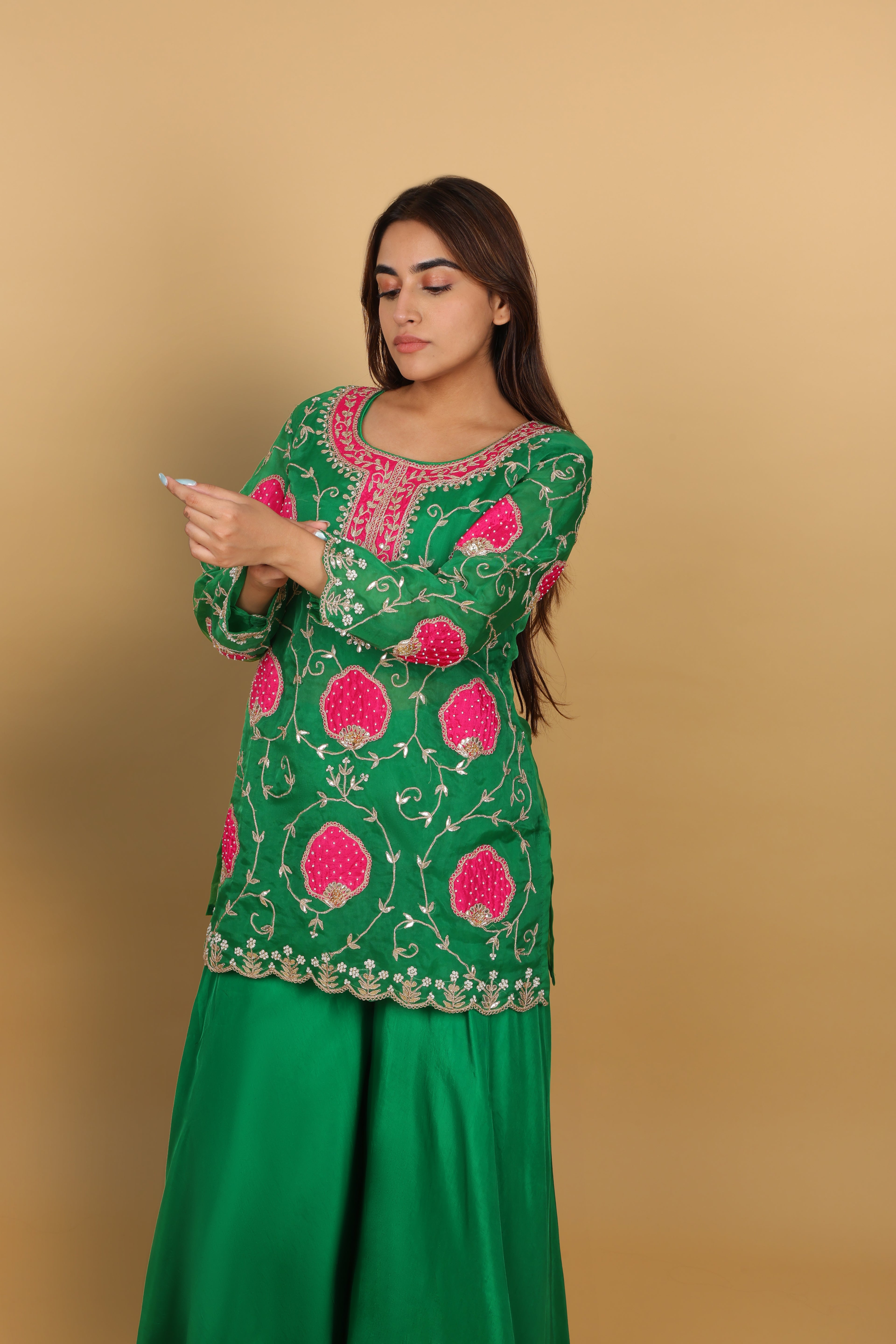 Green Short Kurti, Bustier & Palazzo Set with Rani Patch Work