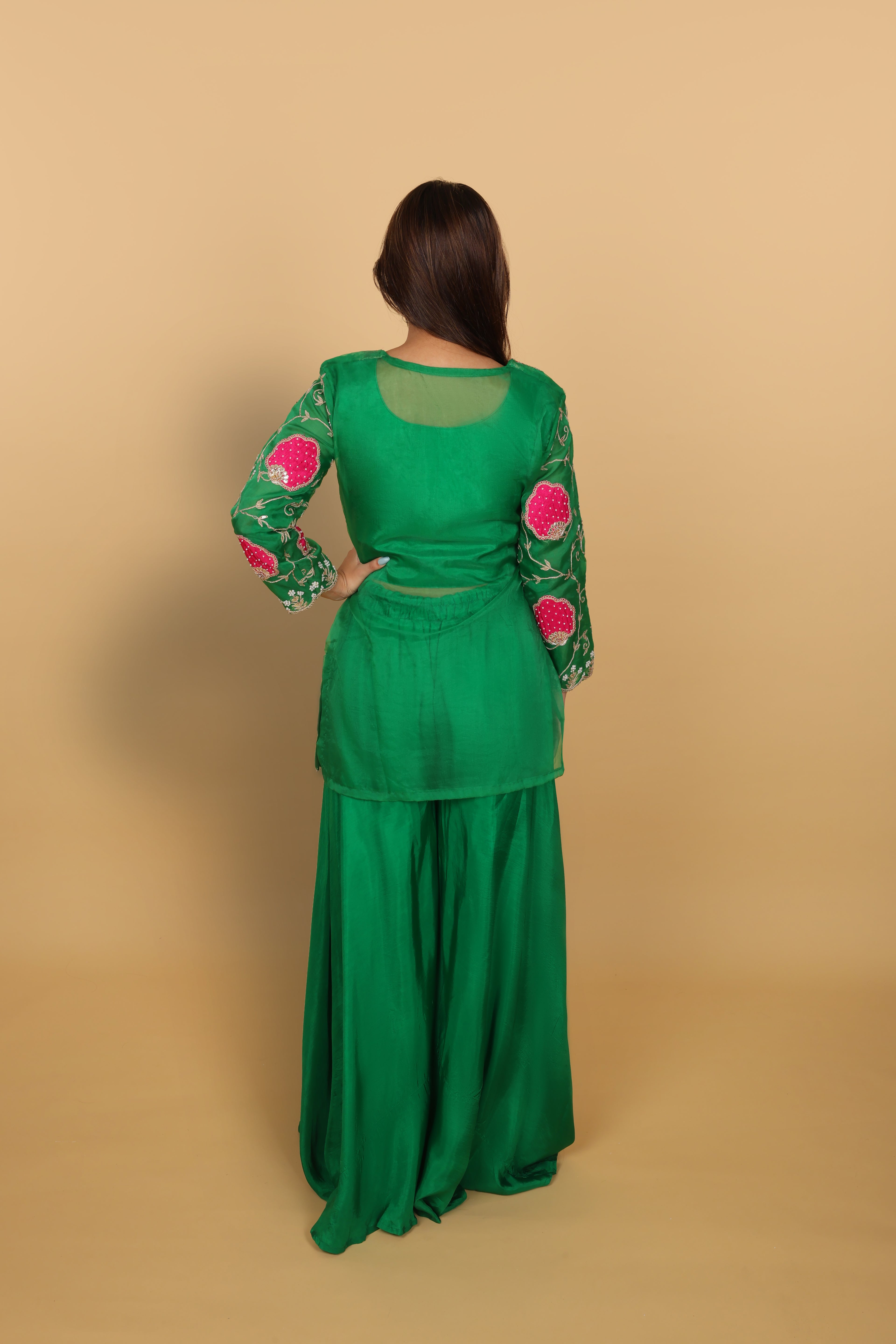 Green Short Kurti, Bustier & Palazzo Set with Rani Patch Work