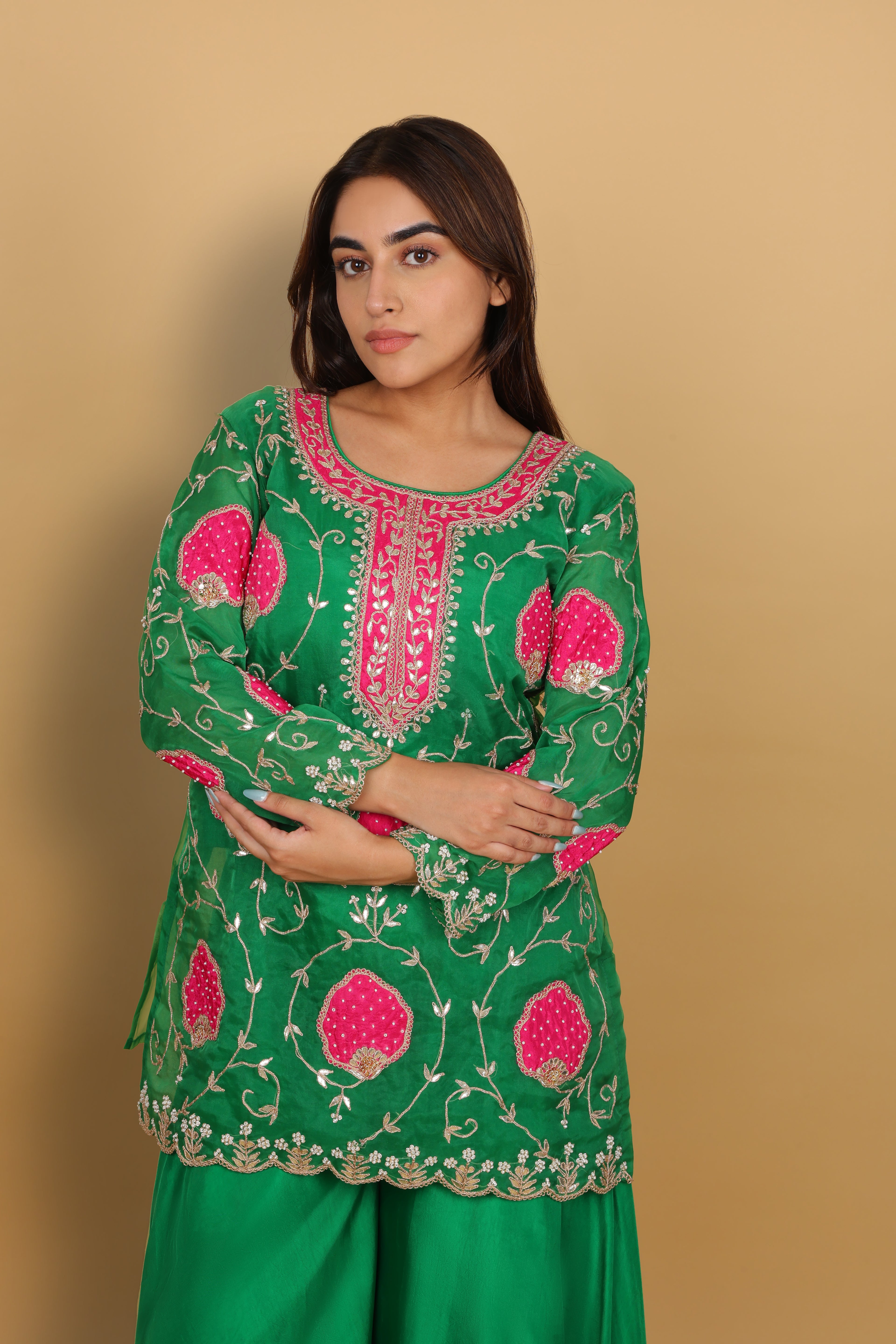 Green Short Kurti, Bustier & Palazzo Set with Rani Patch Work
