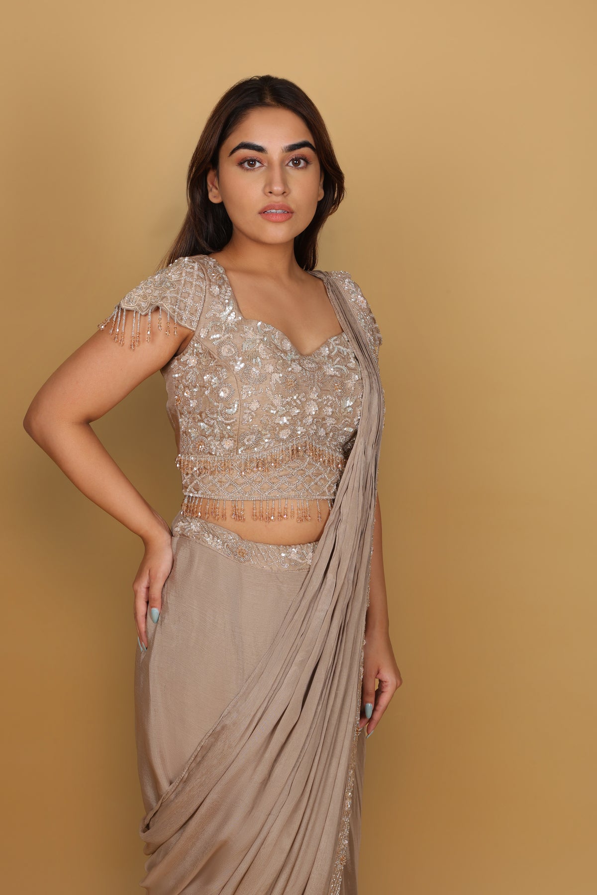 Beige Drape Saree with Blouse