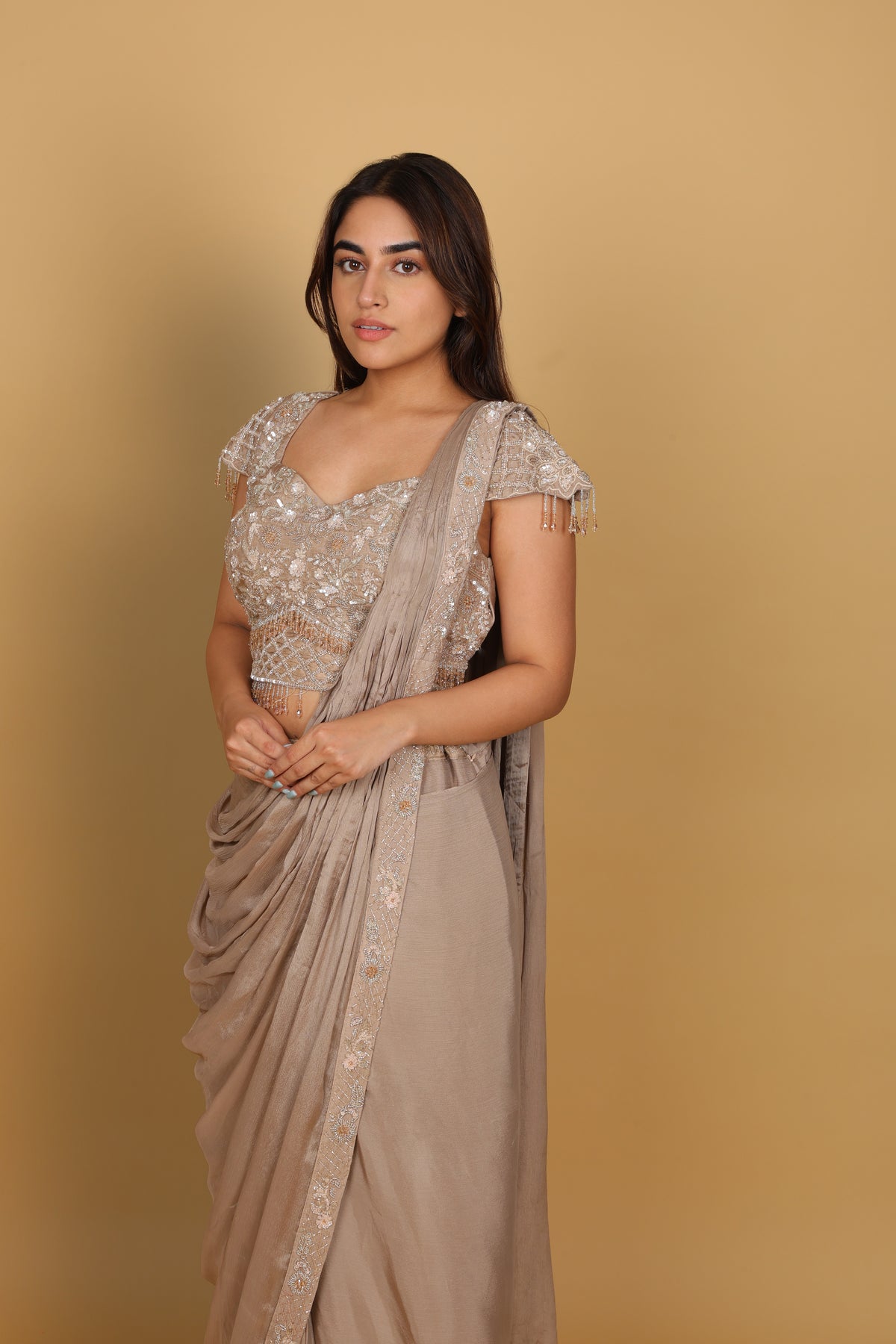 Beige Drape Saree with Blouse