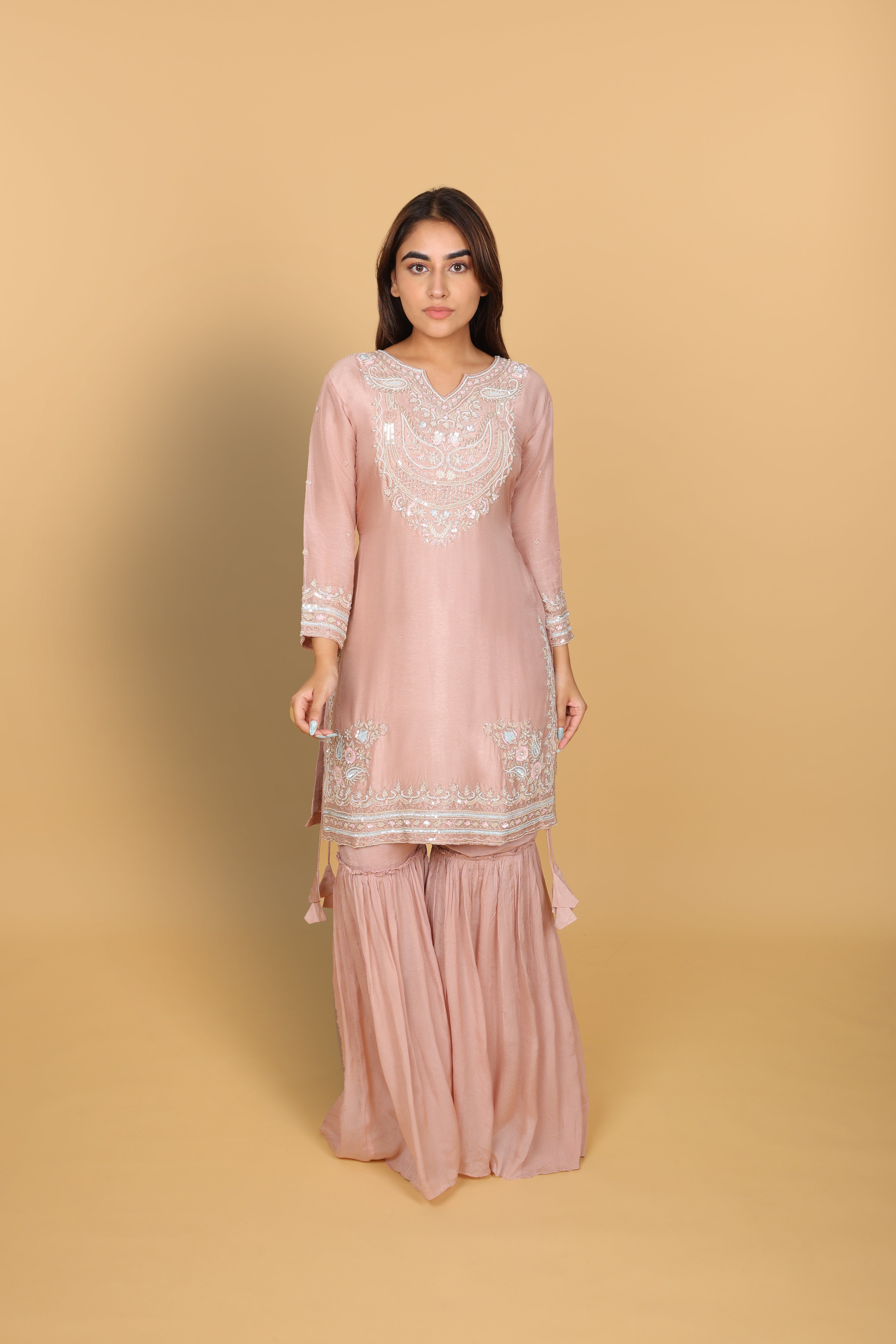 Fresh Peach Short Kurti Gharara with Choker Dupatta