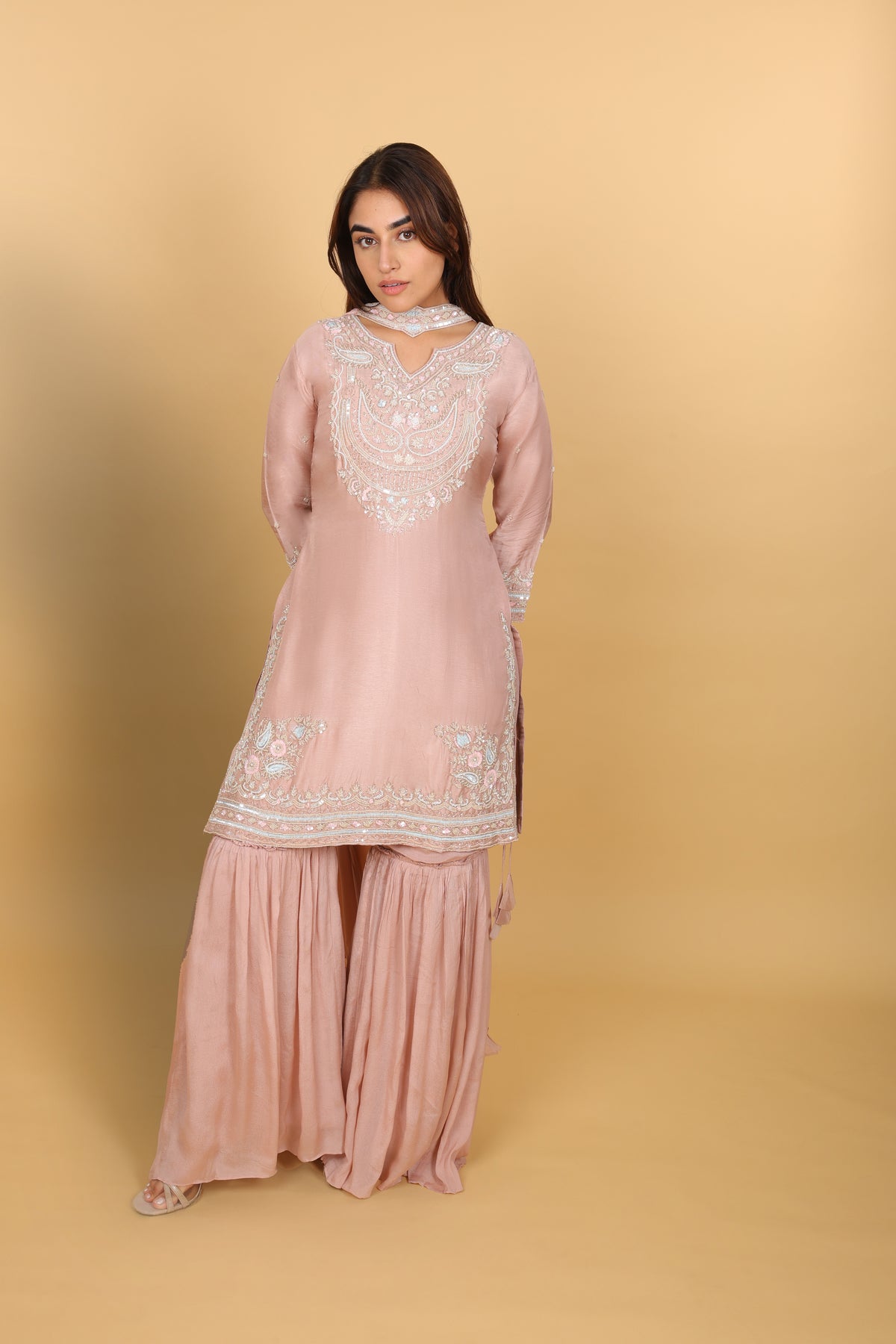Fresh Peach Short Kurti Gharara with Choker Dupatta