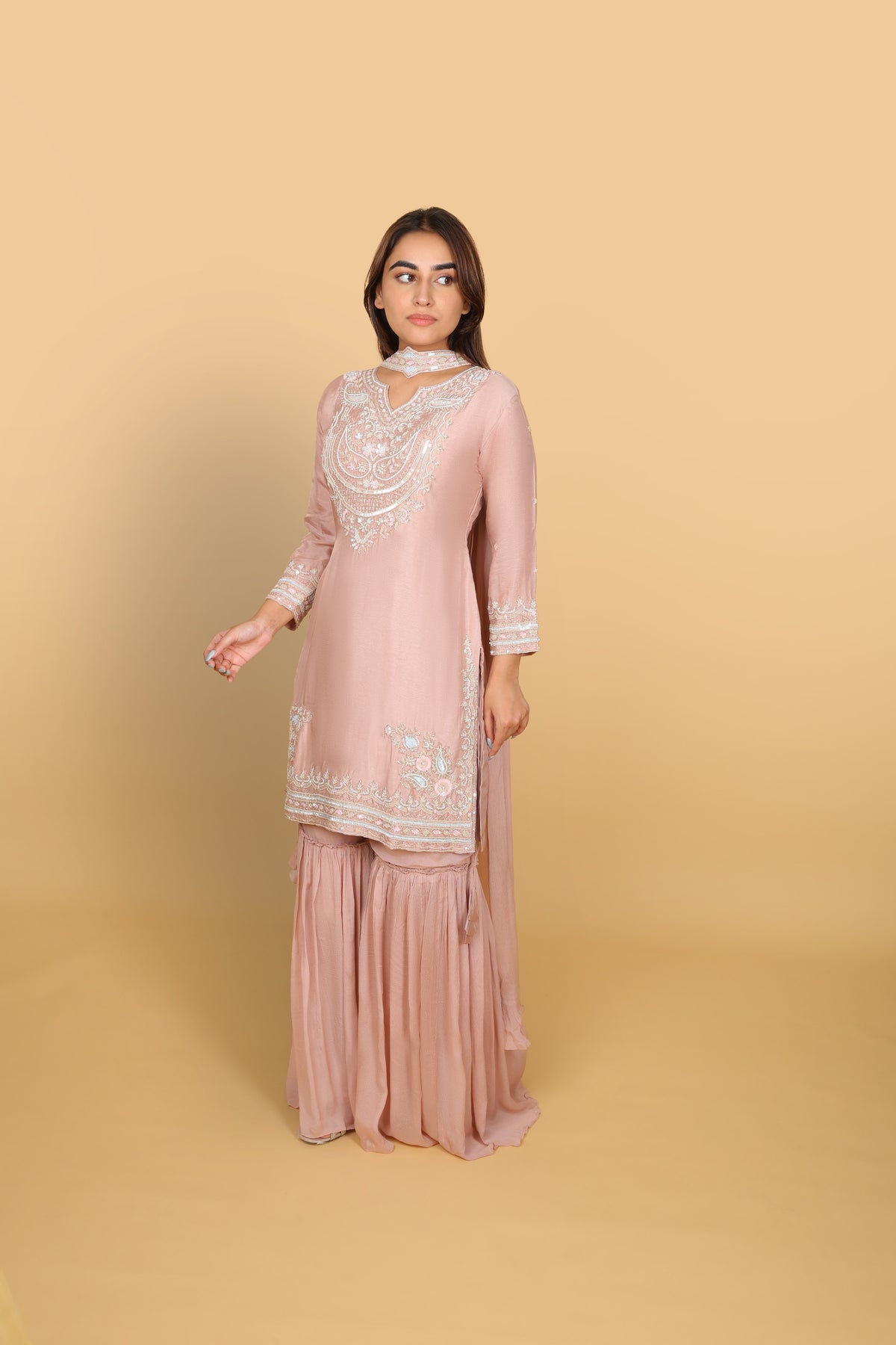 Fresh Peach Short Kurti Gharara with Choker Dupatta