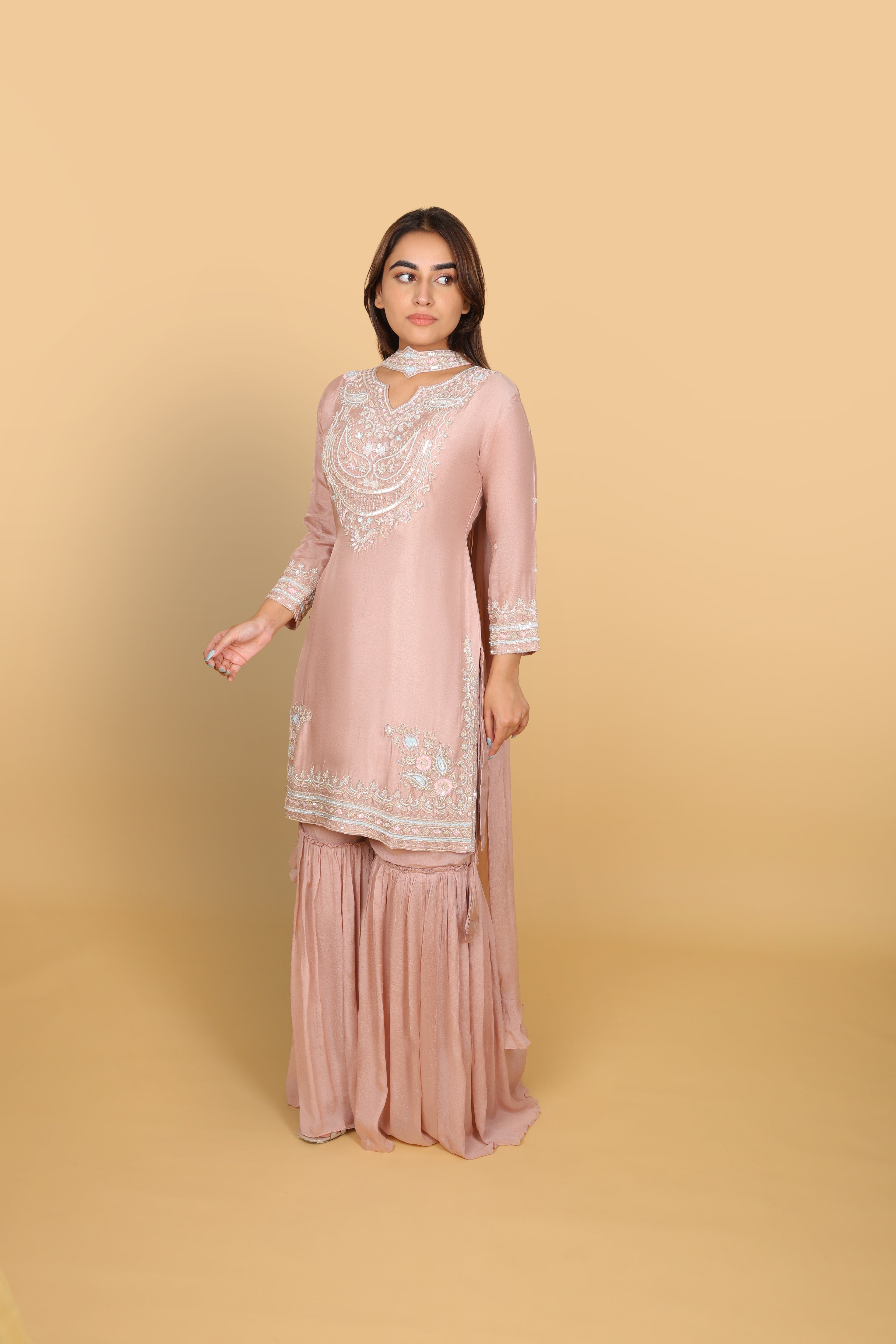 Fresh Peach Short Kurti Gharara with Choker Dupatta