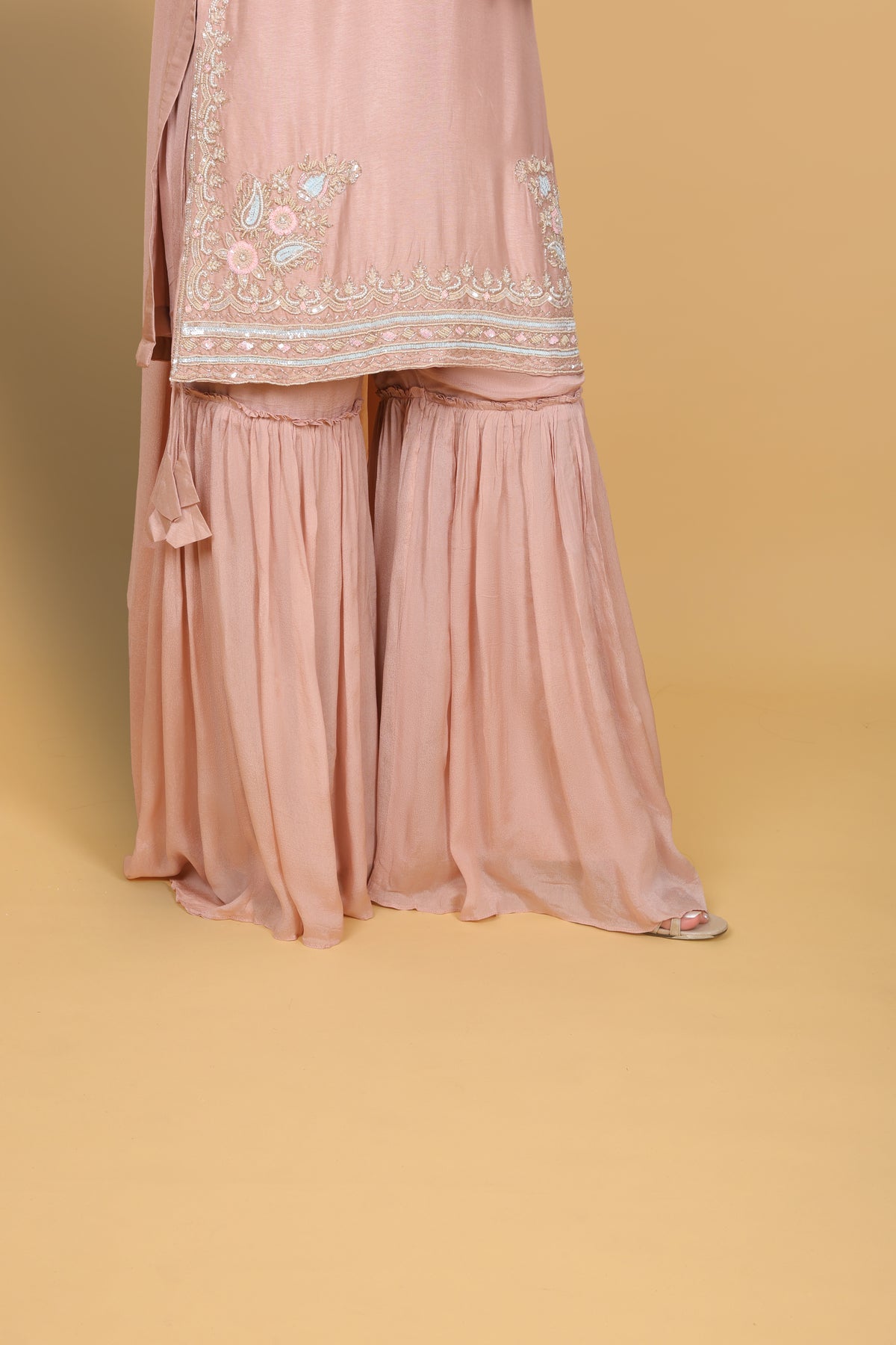 Fresh Peach Short Kurti Gharara with Choker Dupatta