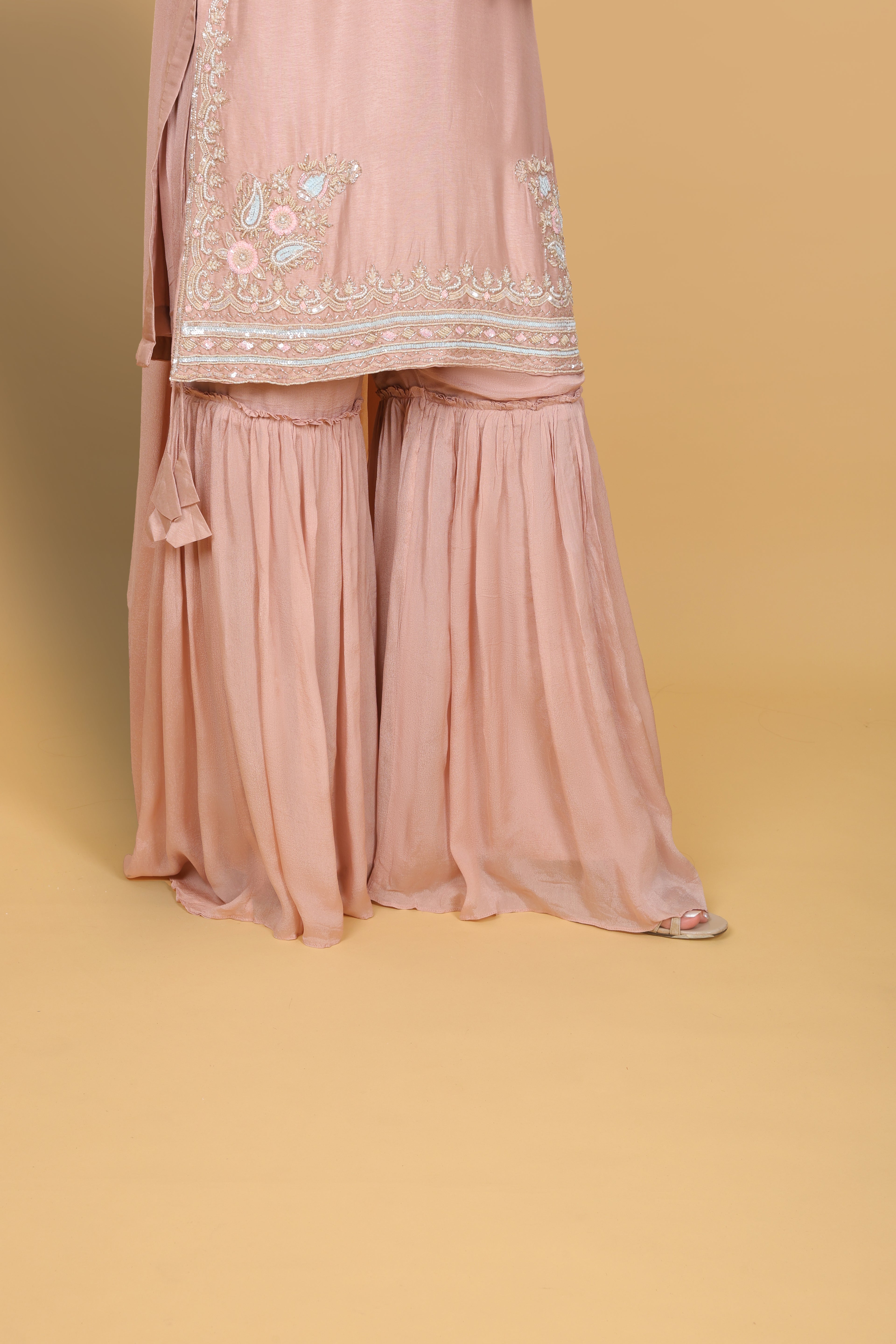 Fresh Peach Short Kurti Gharara with Choker Dupatta