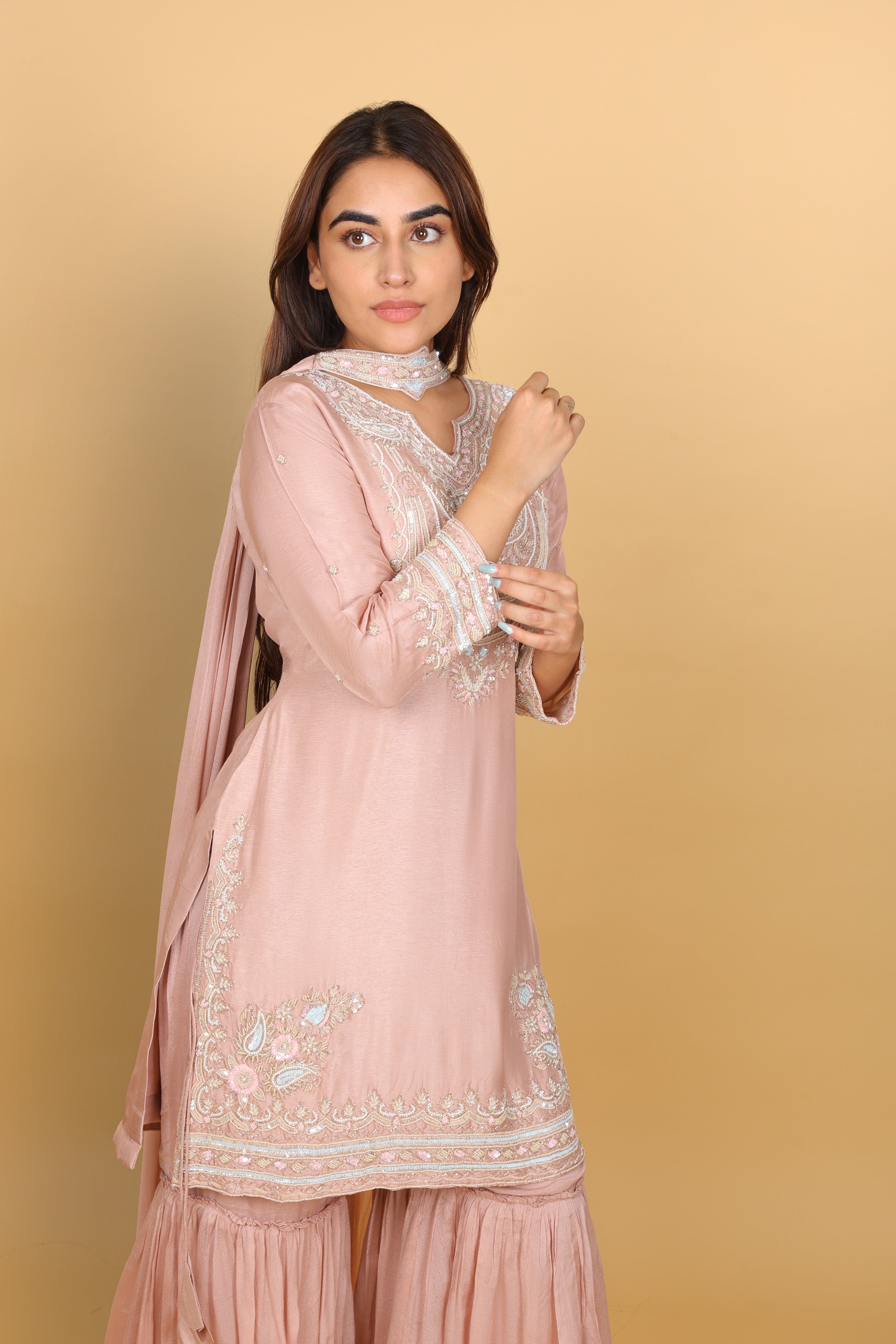 Fresh Peach Short Kurti Gharara with Choker Dupatta