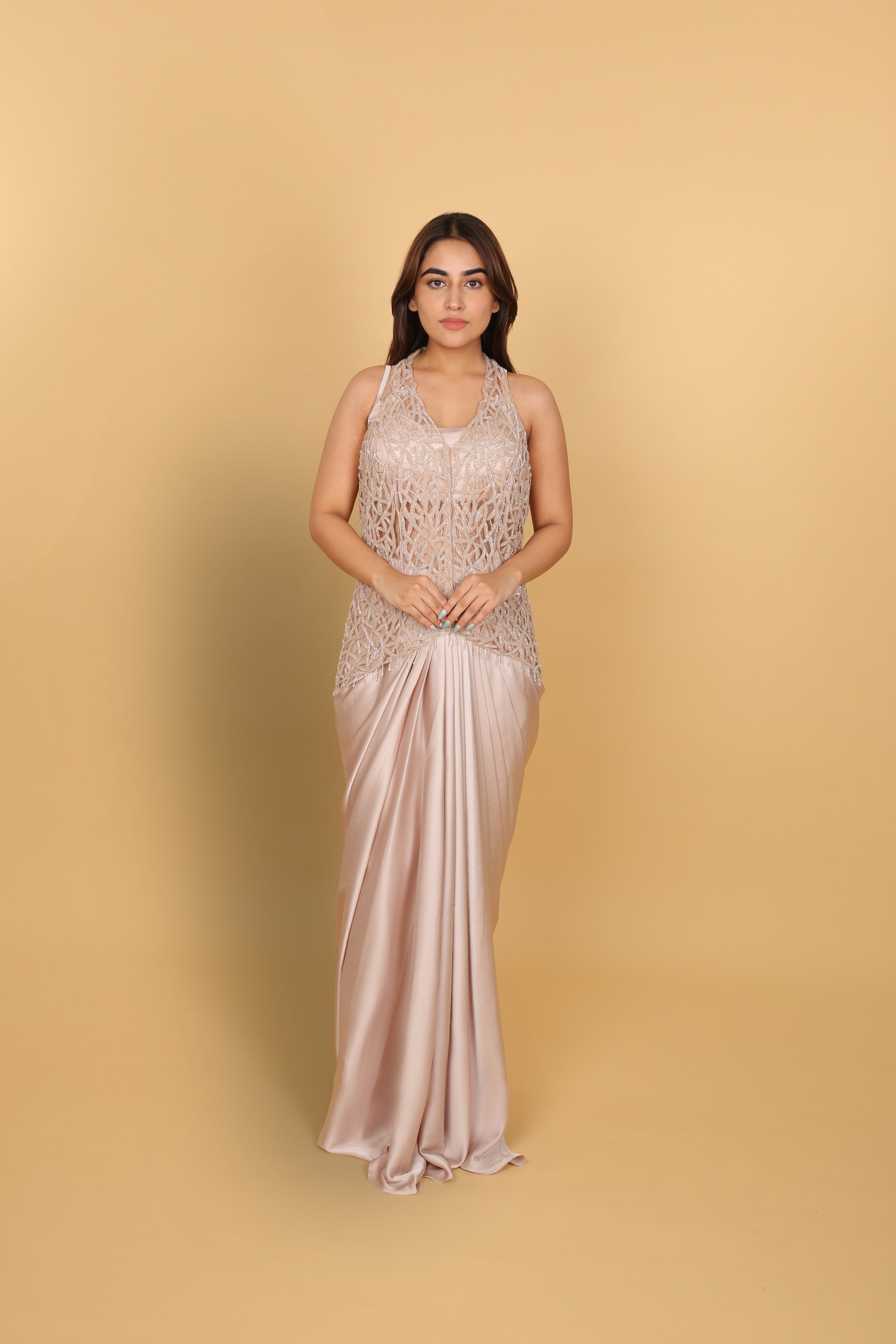 Champagne beige Indo-Western tulip skirt with bustier