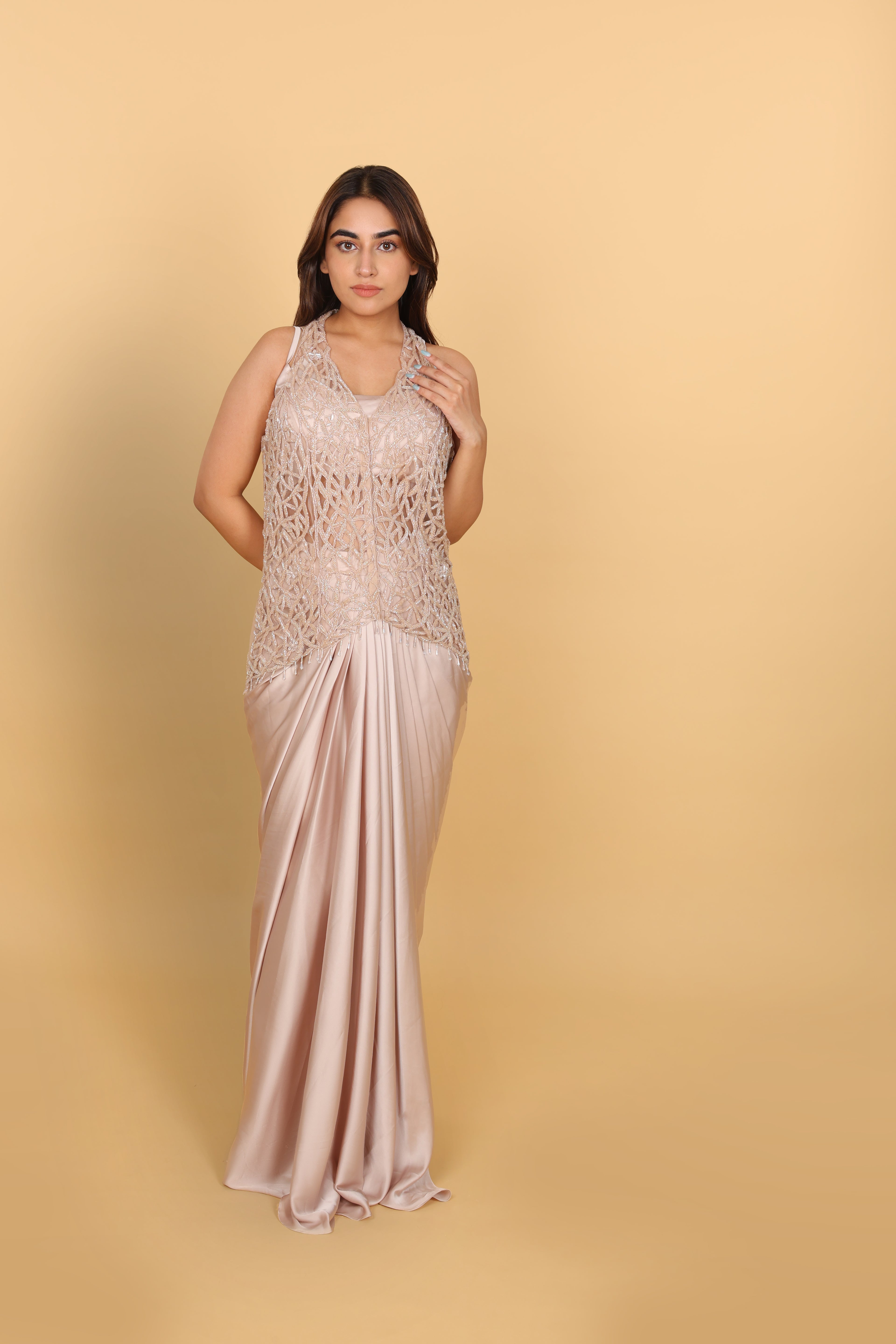 Champagne beige Indo-Western tulip skirt with bustier