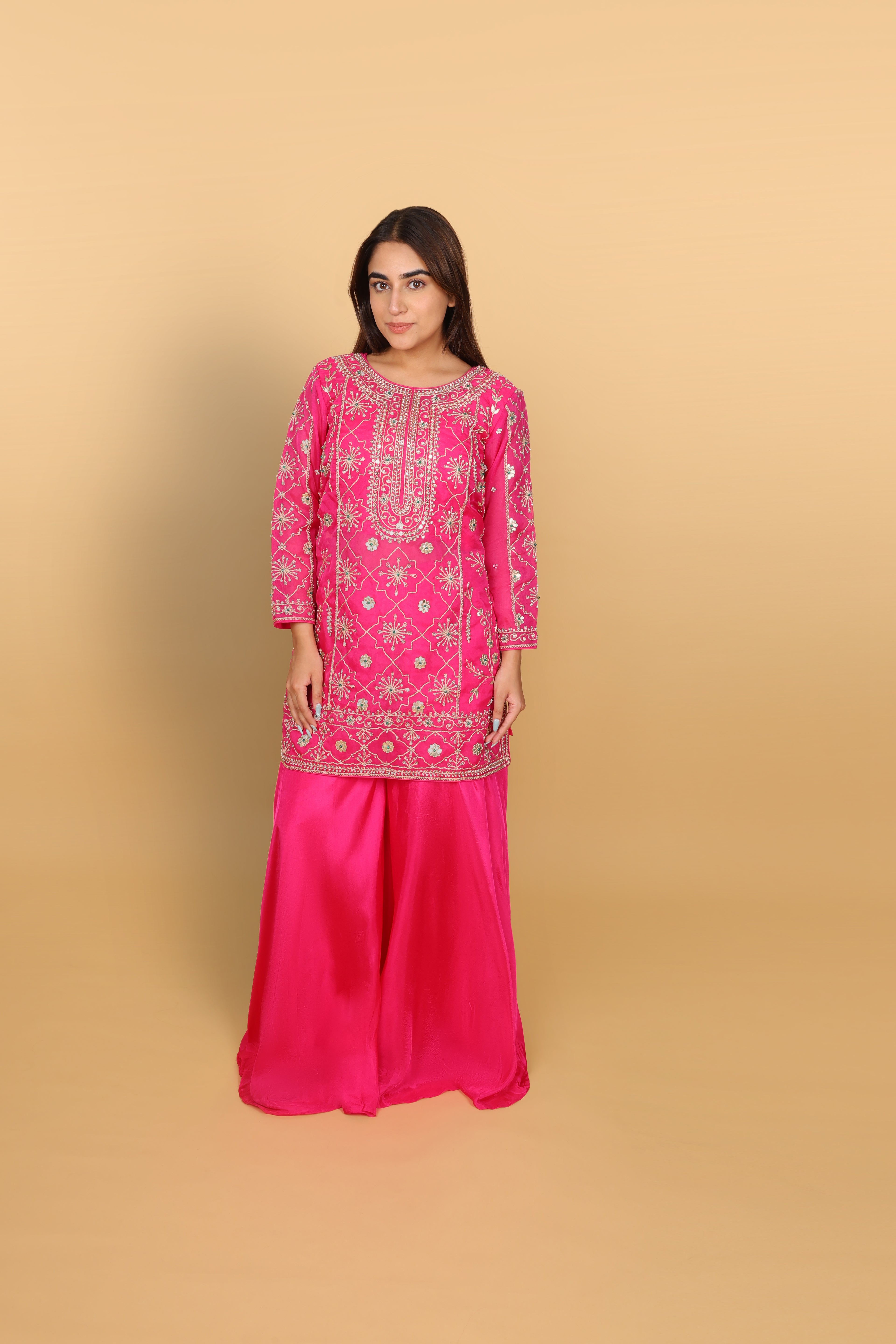 Rani pink short kurti with palazzo and dupatta