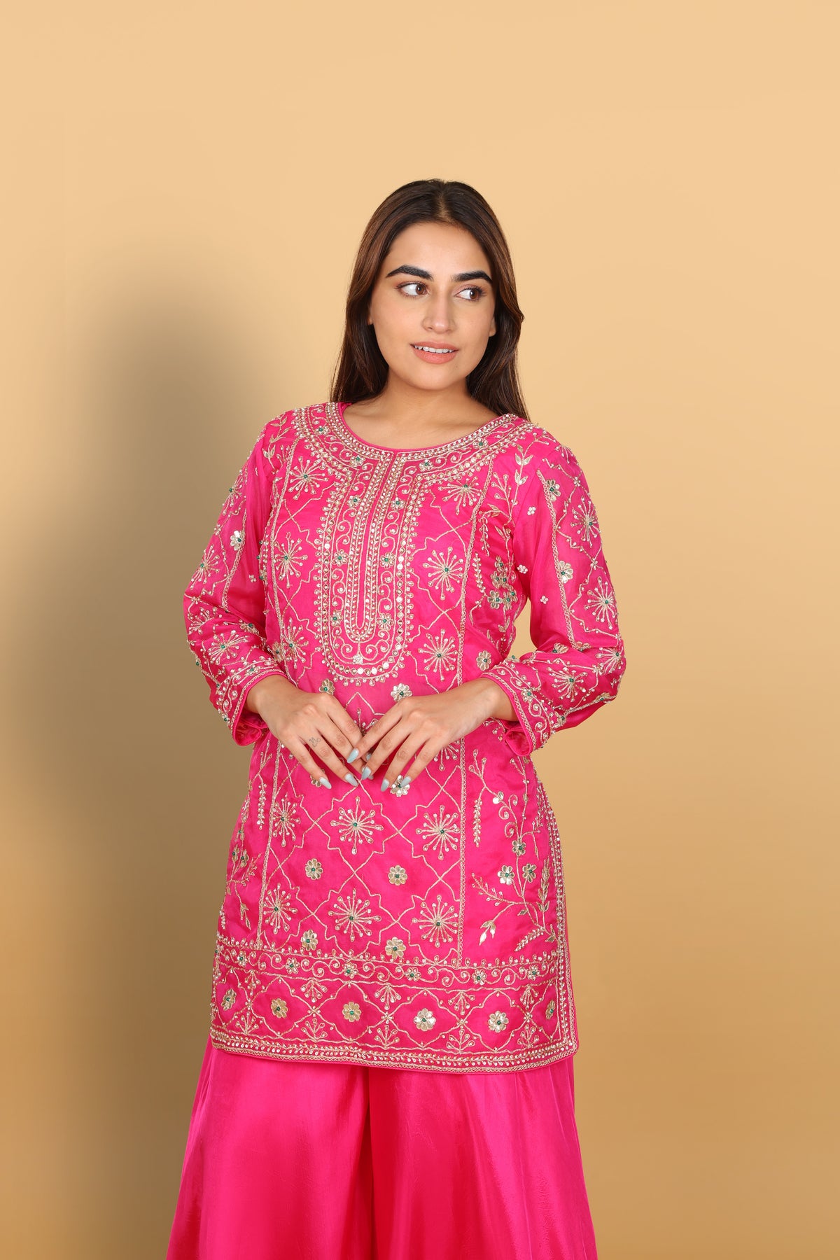 Rani pink short kurti with palazzo and dupatta