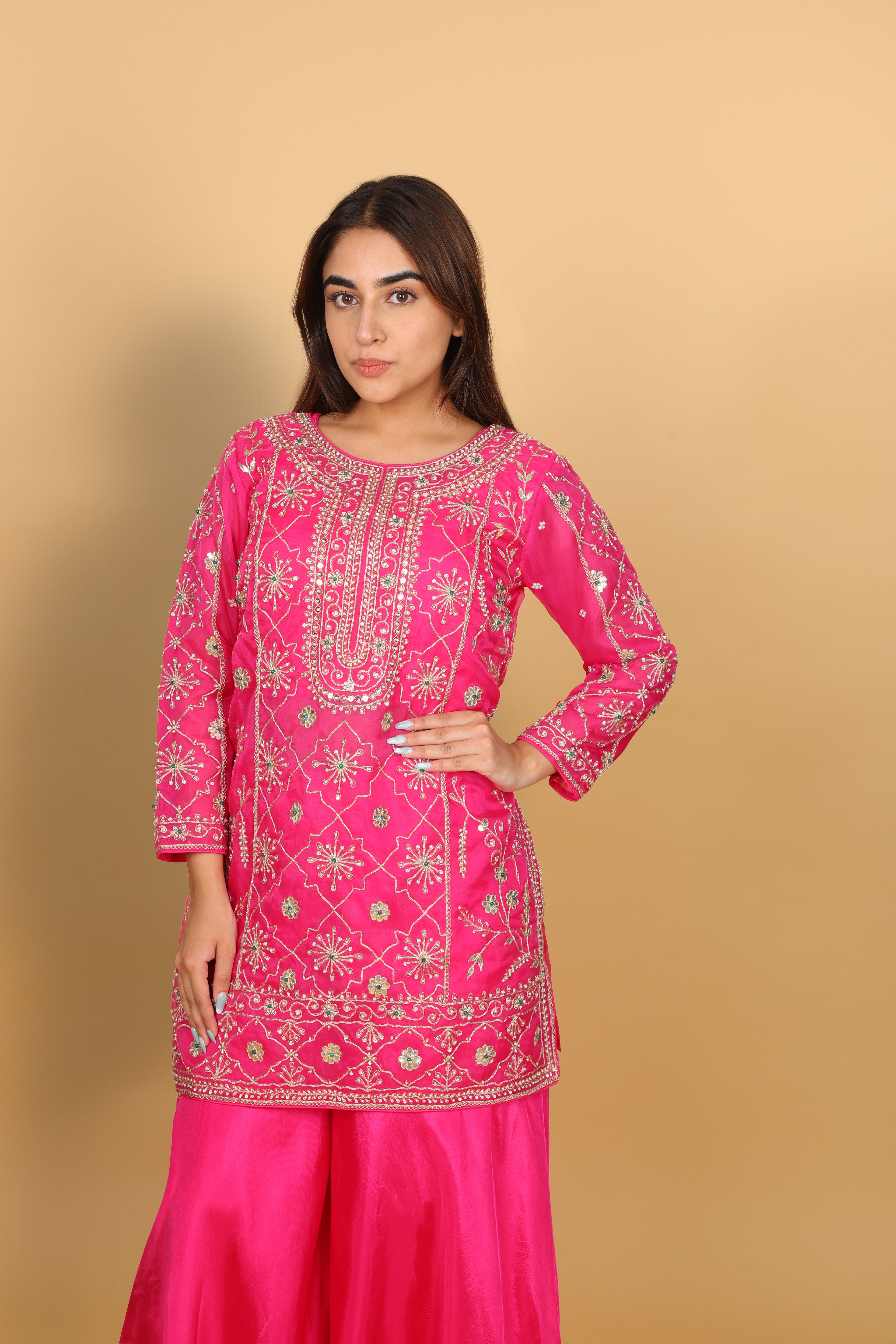 Rani pink short kurti with palazzo and dupatta