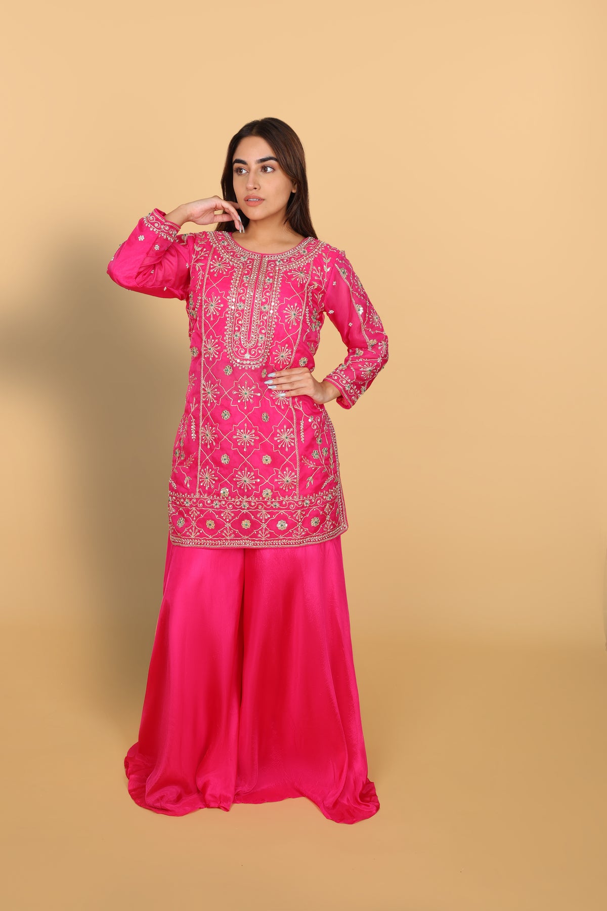 Rani pink short kurti with palazzo and dupatta