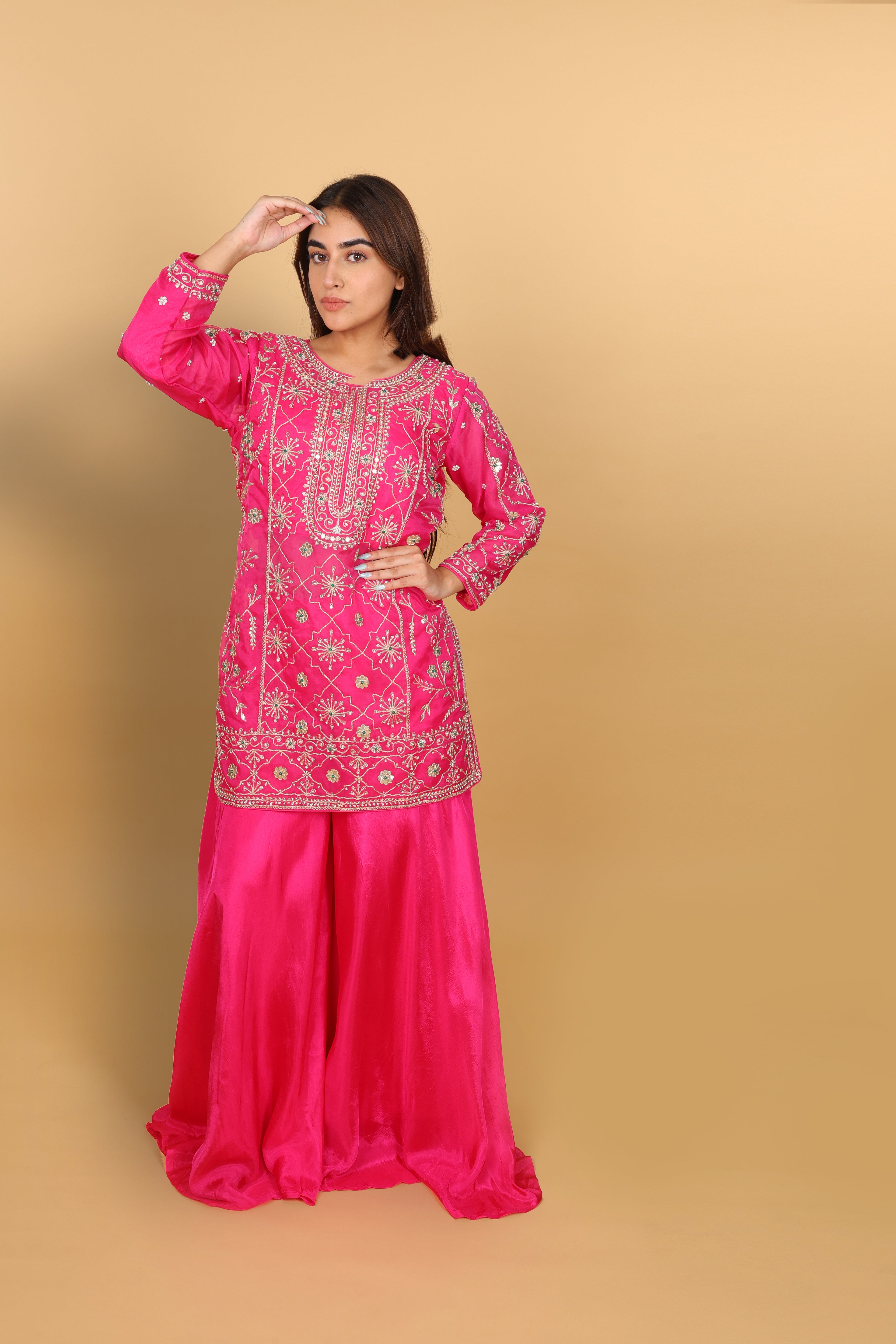 Rani pink short kurti with palazzo and dupatta