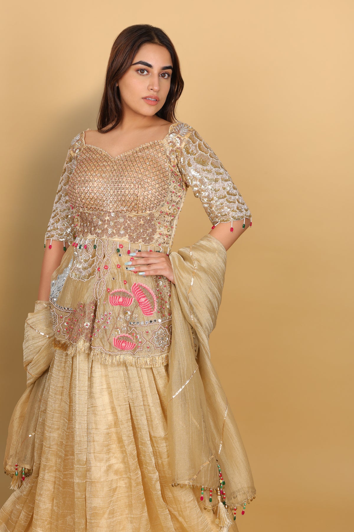Gold Lehenga with Peplum Top & Dupatta