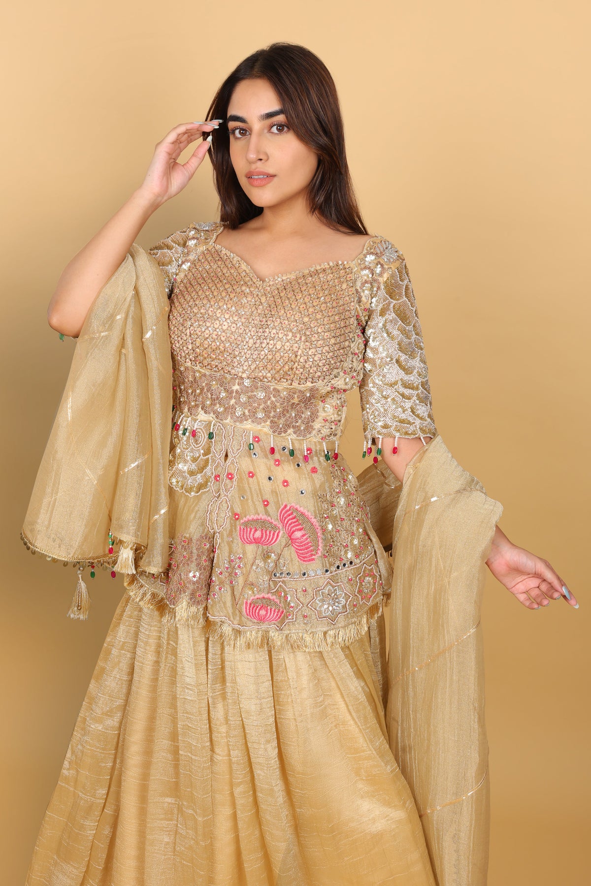 Gold Lehenga with Peplum Top & Dupatta