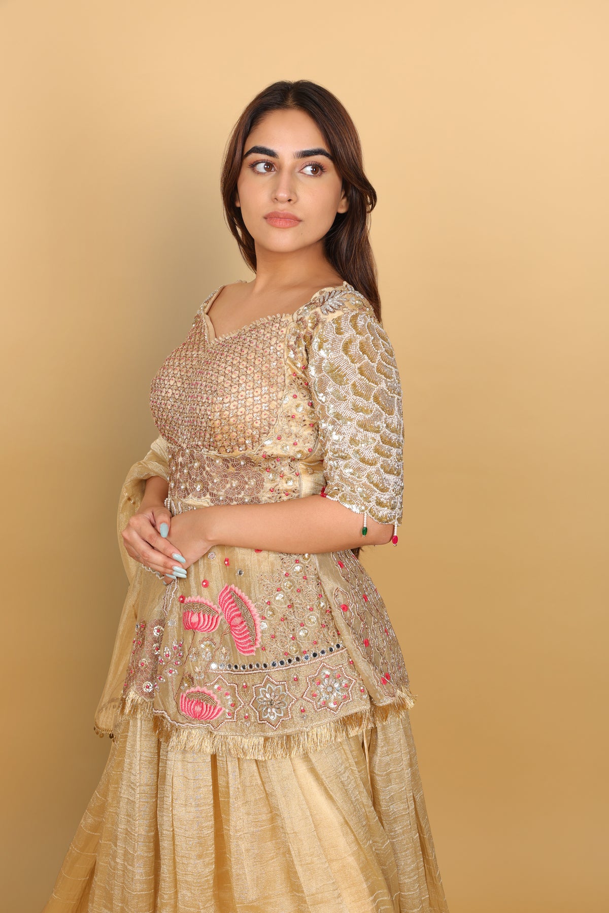 Gold Lehenga with Peplum Top & Dupatta